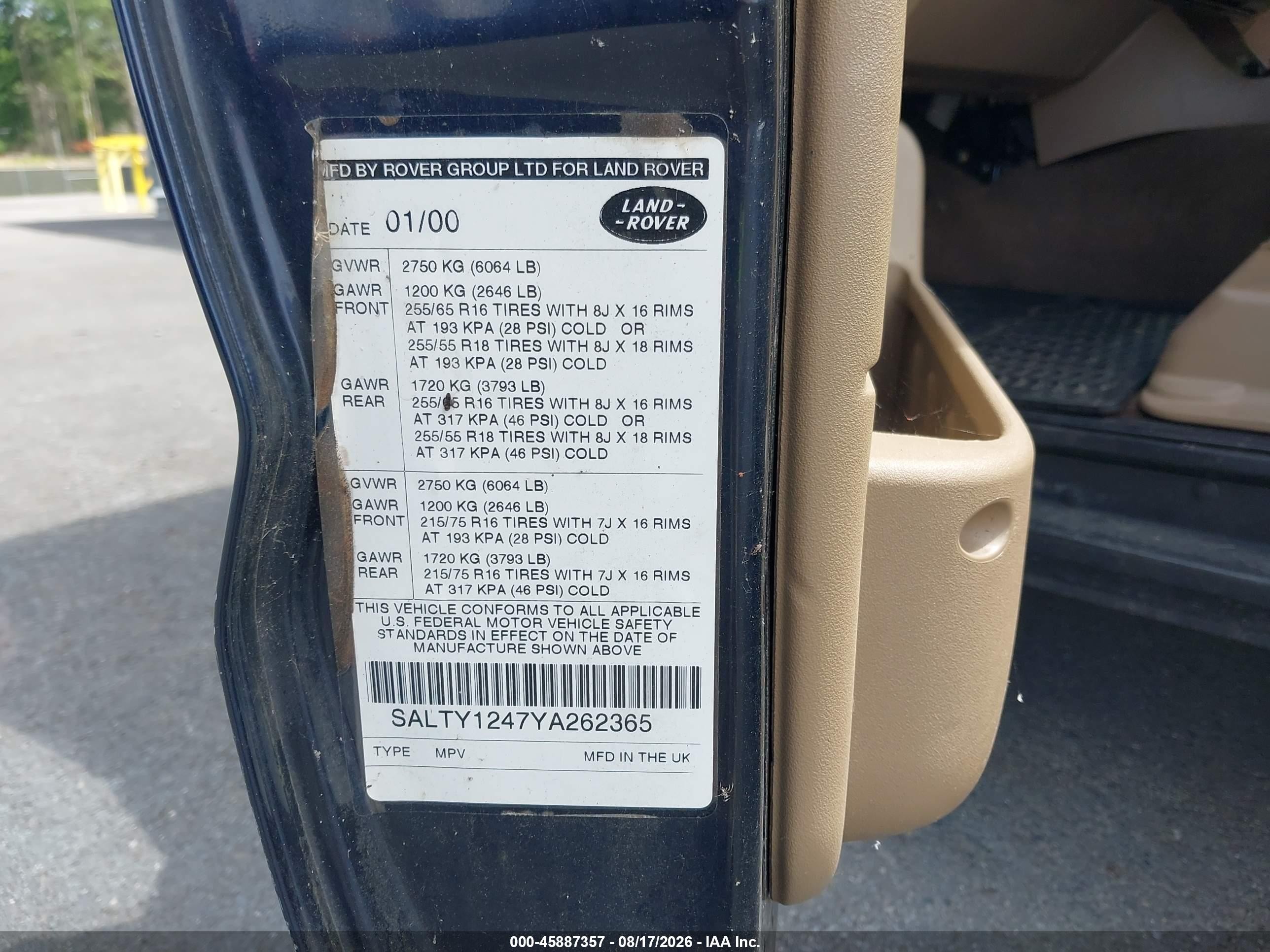 2000 Land Rover Discovery Series Ii Cloth/series Ii Leather Blue vin: SALTY1247YA262365