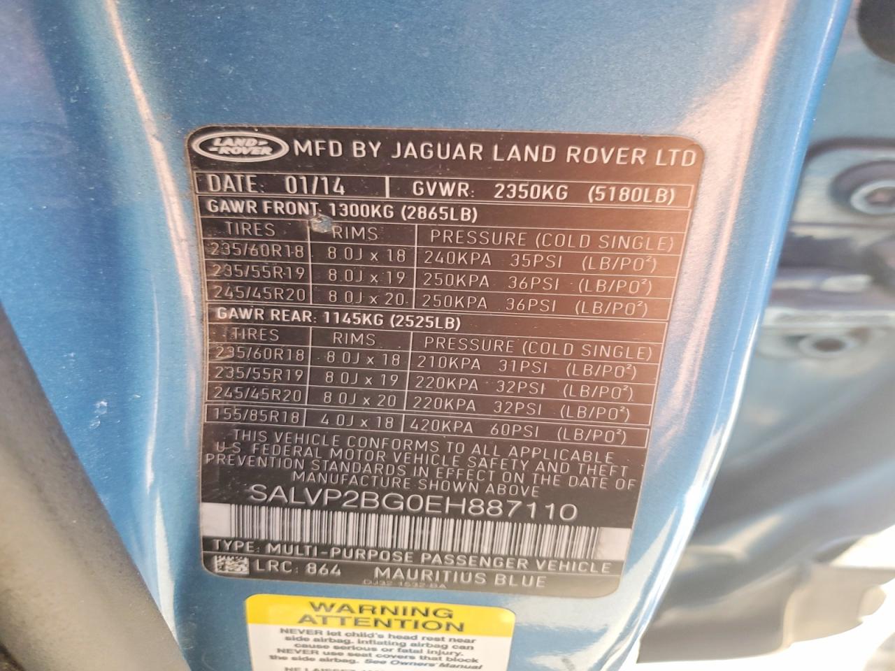 2014 Land Rover Range Rover Evoque Pure Plus Blue vin: SALVP2BG0EH887110