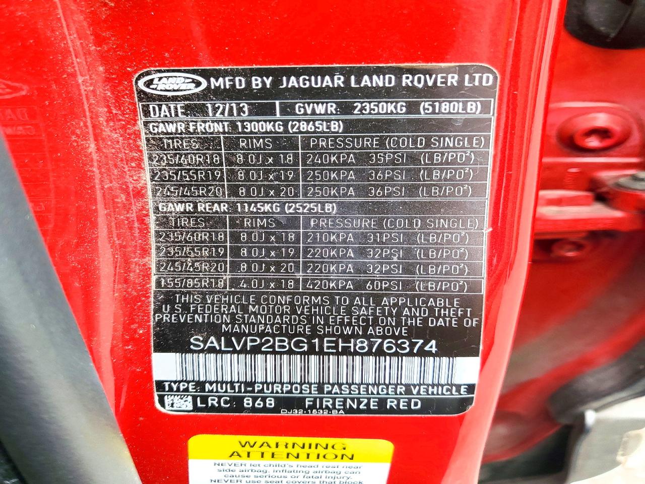 2014 Land Rover Range Rover Evoque Pure Plus Red vin: SALVP2BG1EH876374