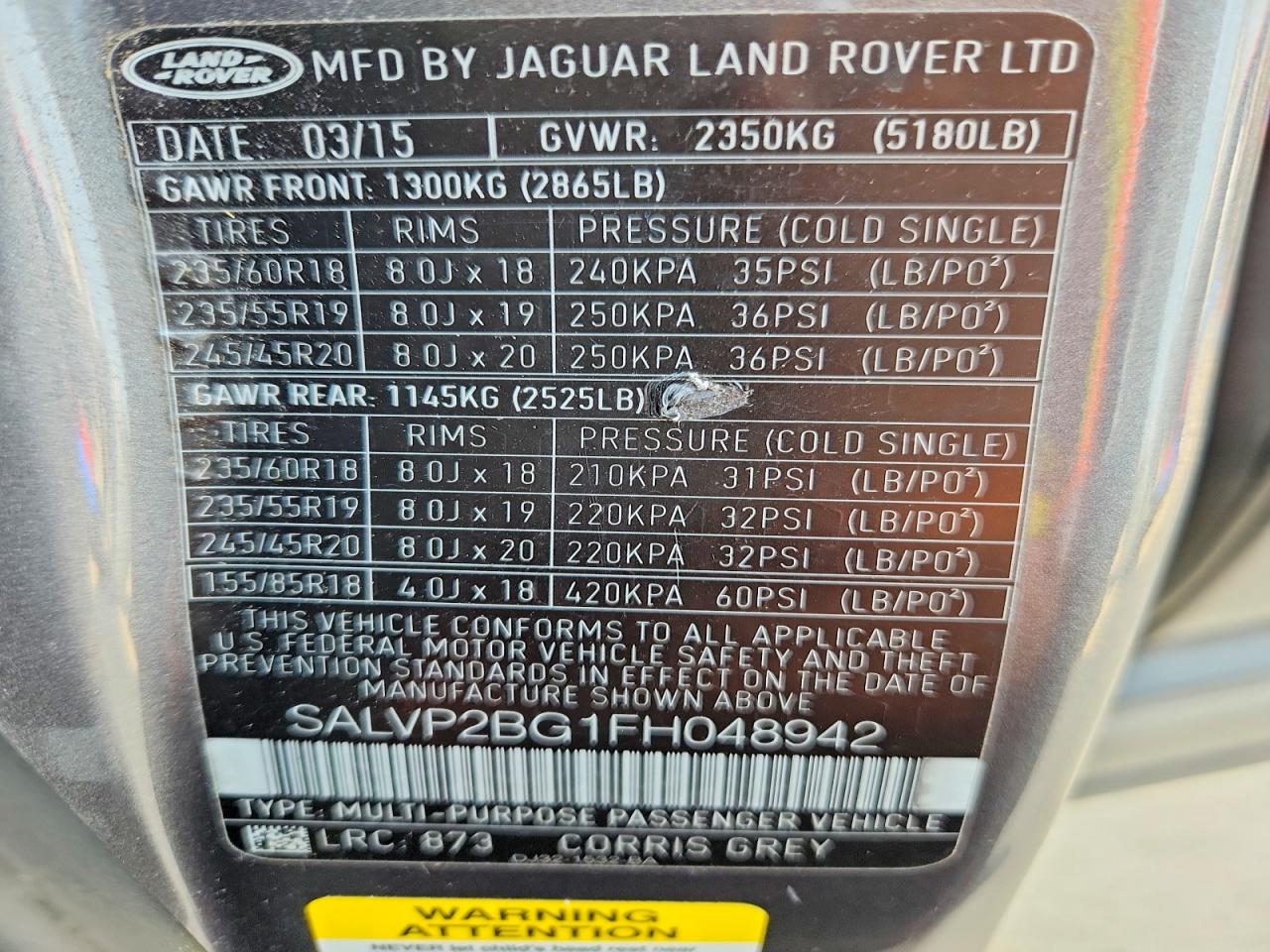 2015 Land Rover Range Rover Evoque Pure Plus Gray vin: SALVP2BG1FH048942
