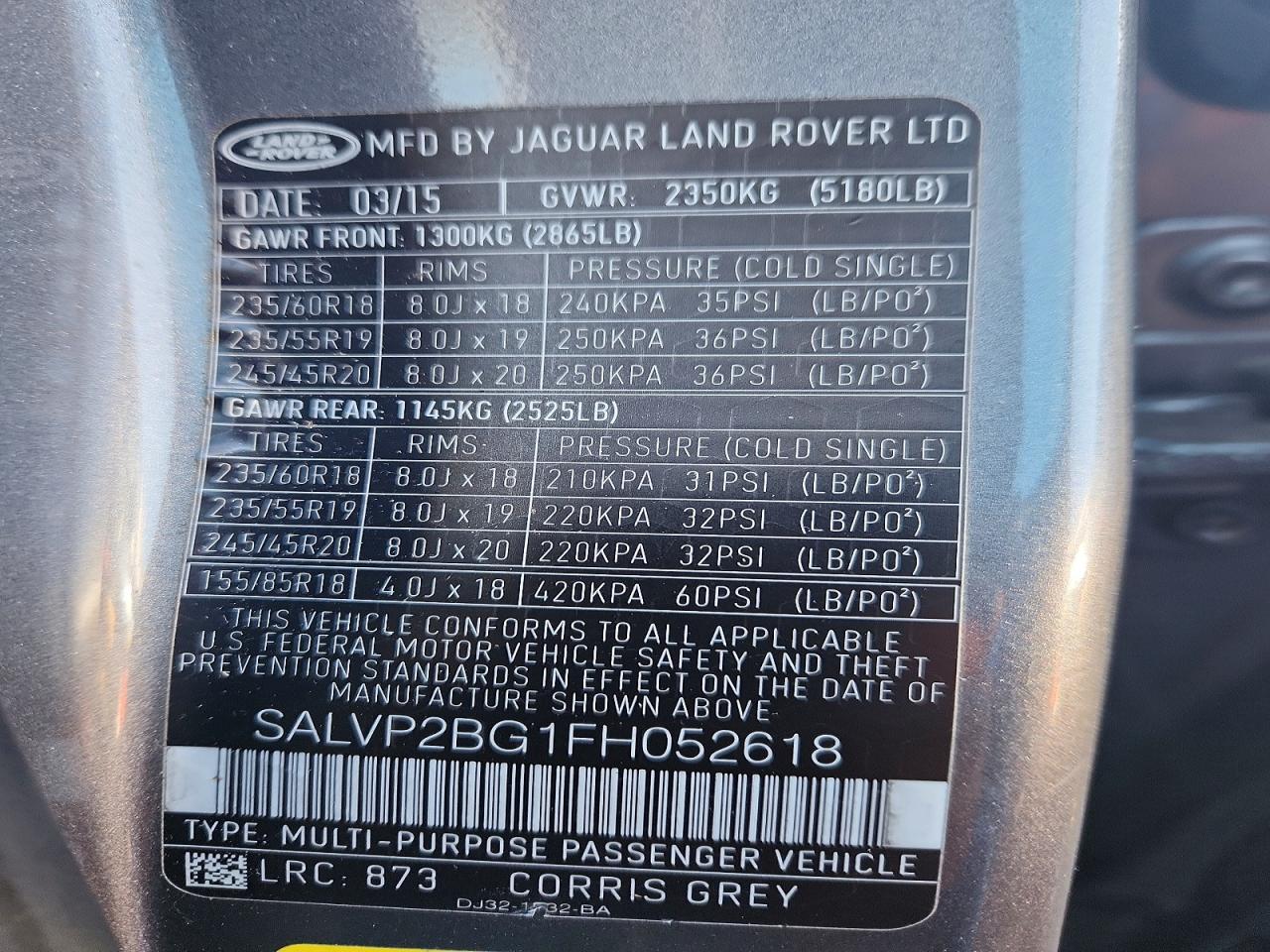 2015 Land Rover Range Rover Evoque Pure Plus Gray vin: SALVP2BG1FH052618