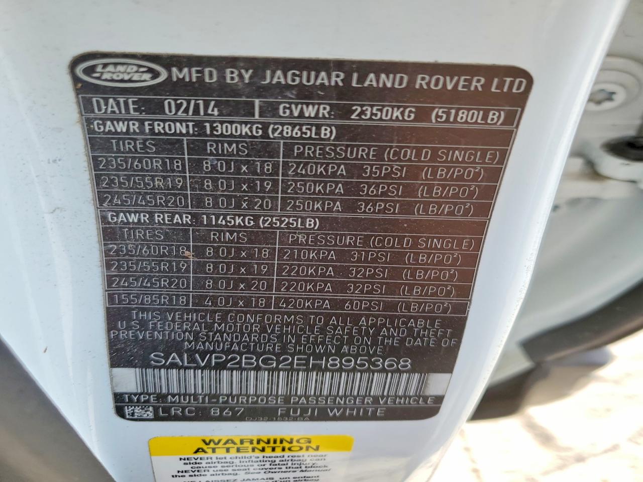 2014 Land Rover Range Rover Evoque Pure Plus White vin: SALVP2BG2EH895368