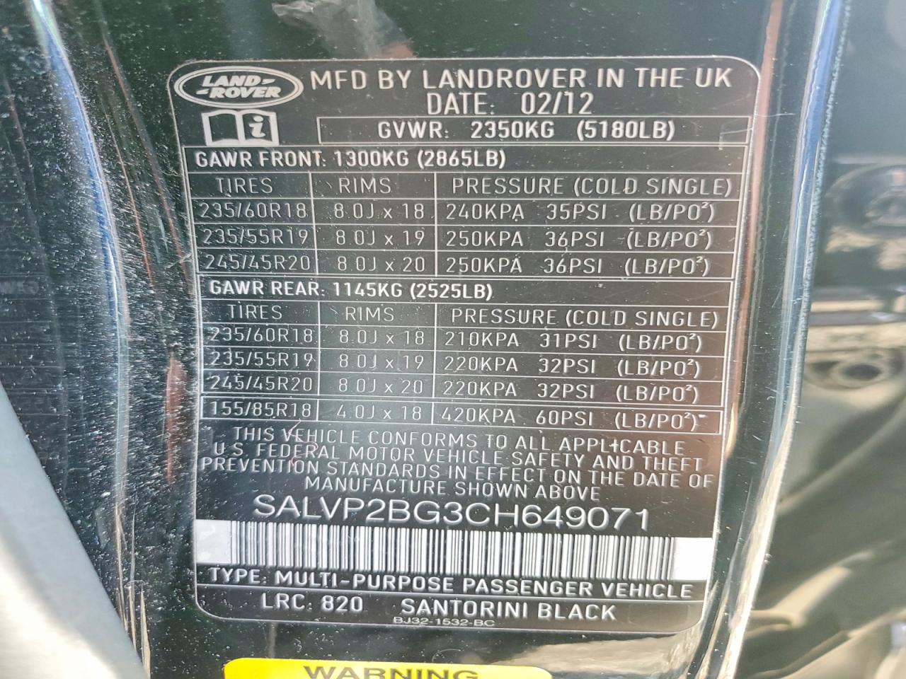 2012 Land Rover Range Rover Evoque Pure Plus Черный vin: SALVP2BG3CH649071