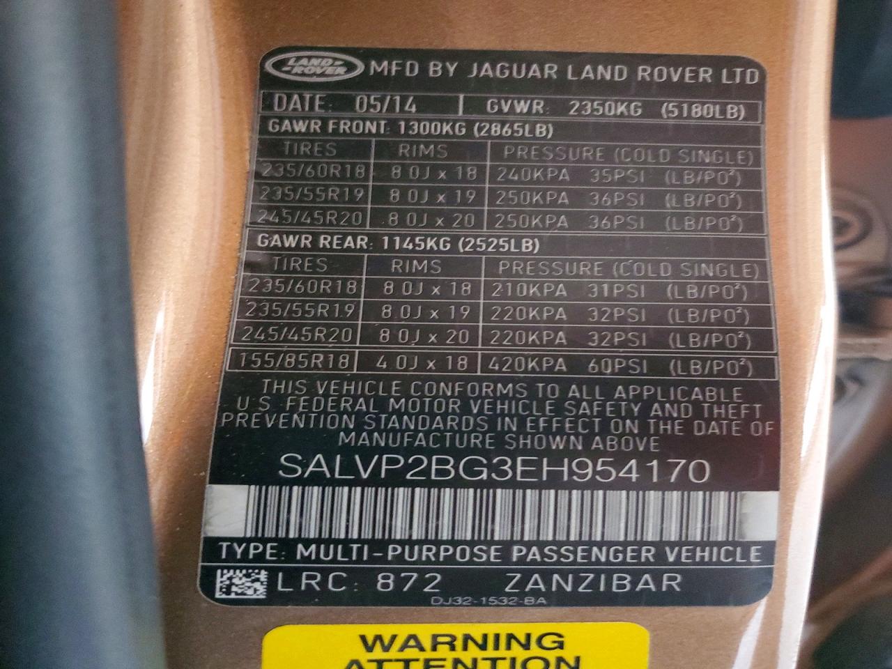 2014 Land Rover Range Rover Evoque Pure Plus Brown vin: SALVP2BG3EH954170