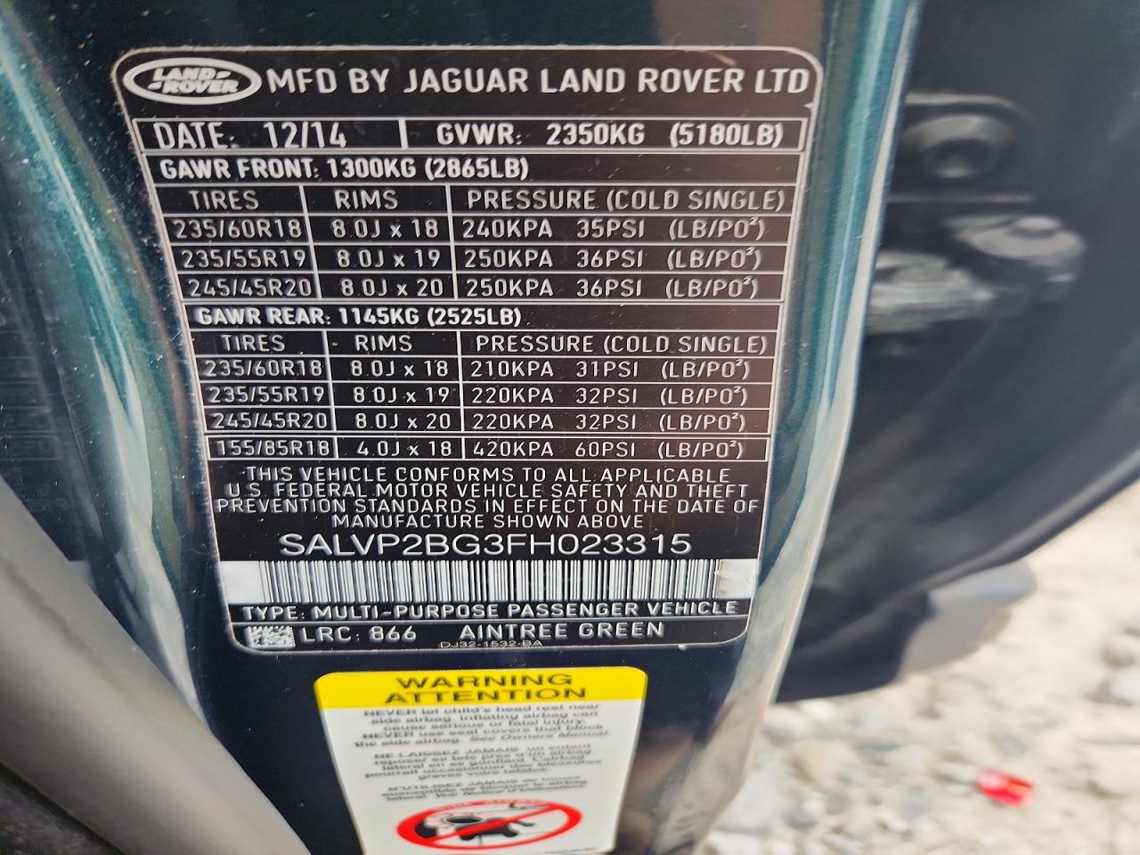 2015 Land Rover Range Rover Evoque Pure Plus Green vin: SALVP2BG3FH023315