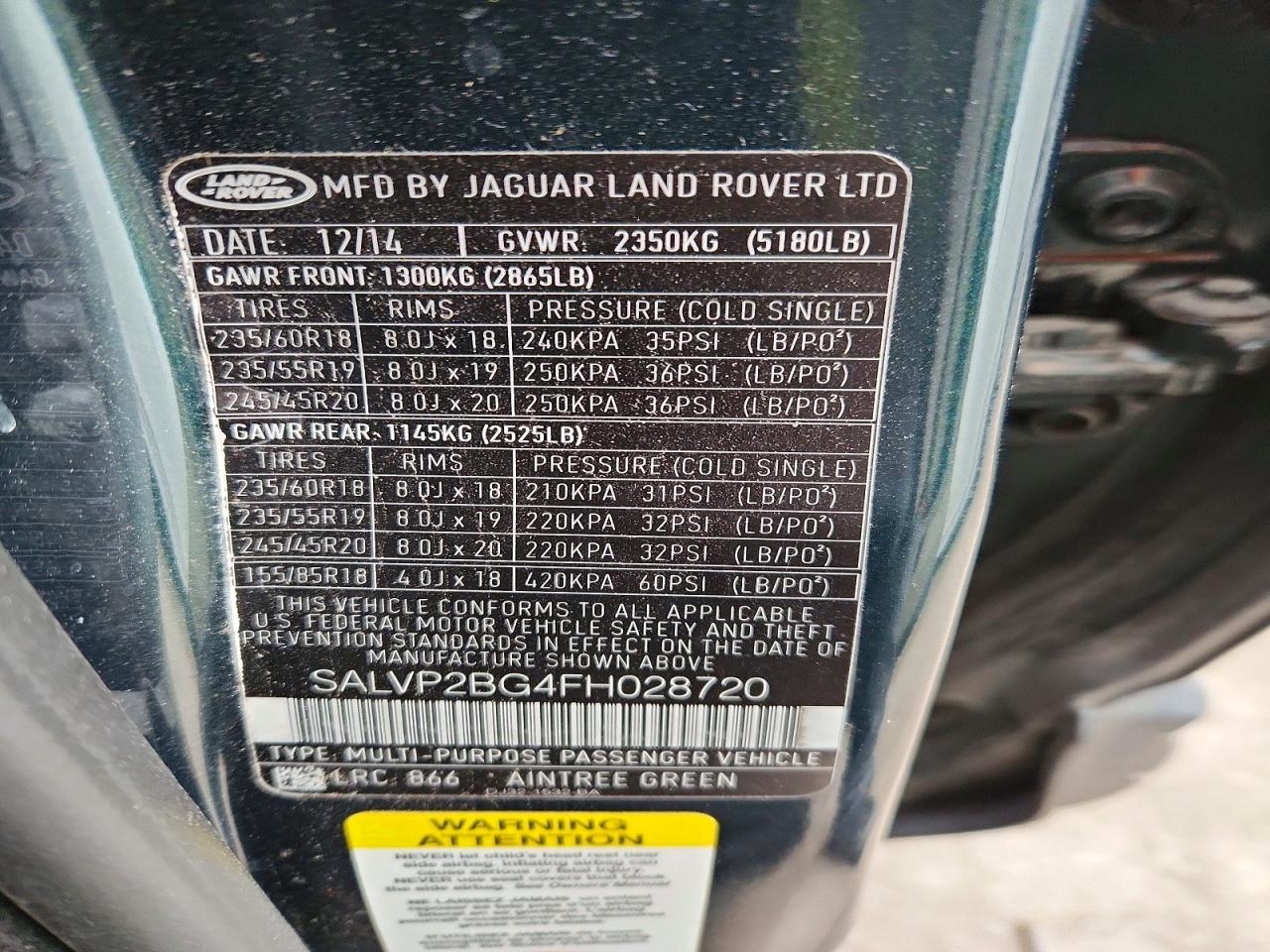2015 Land Rover Range Rover Evoque Pure Plus Green vin: SALVP2BG4FH028720