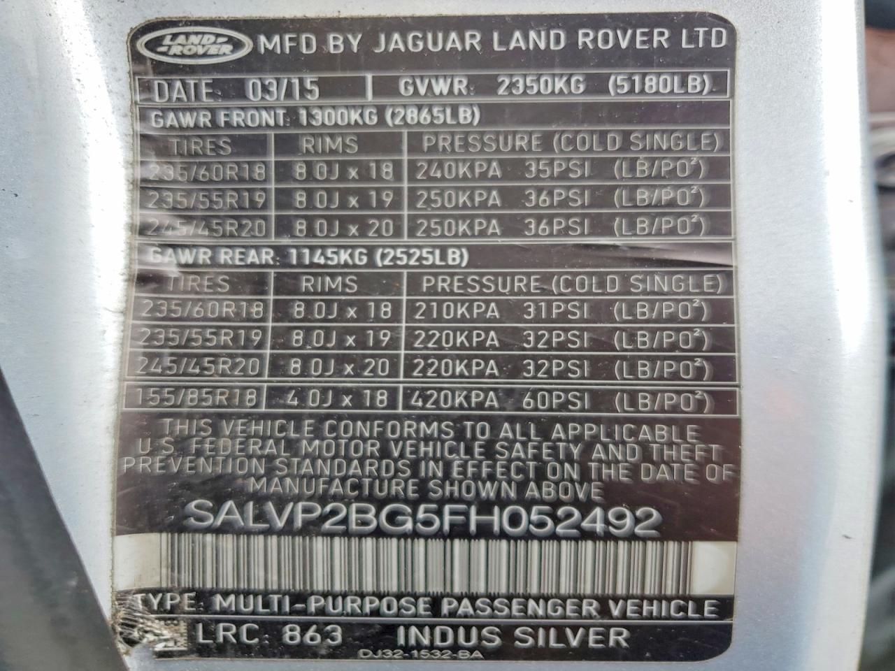 2015 Land Rover Range Rover Evoque Pure Plus Silver vin: SALVP2BG5FH052492