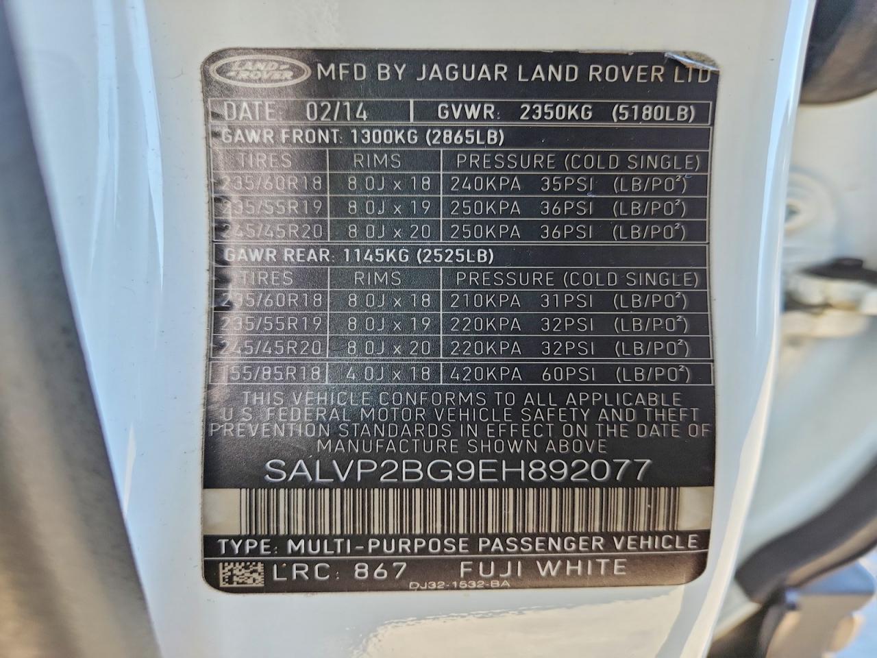 2014 Land Rover Range Rover Evoque Pure Plus White vin: SALVP2BG9EH892077