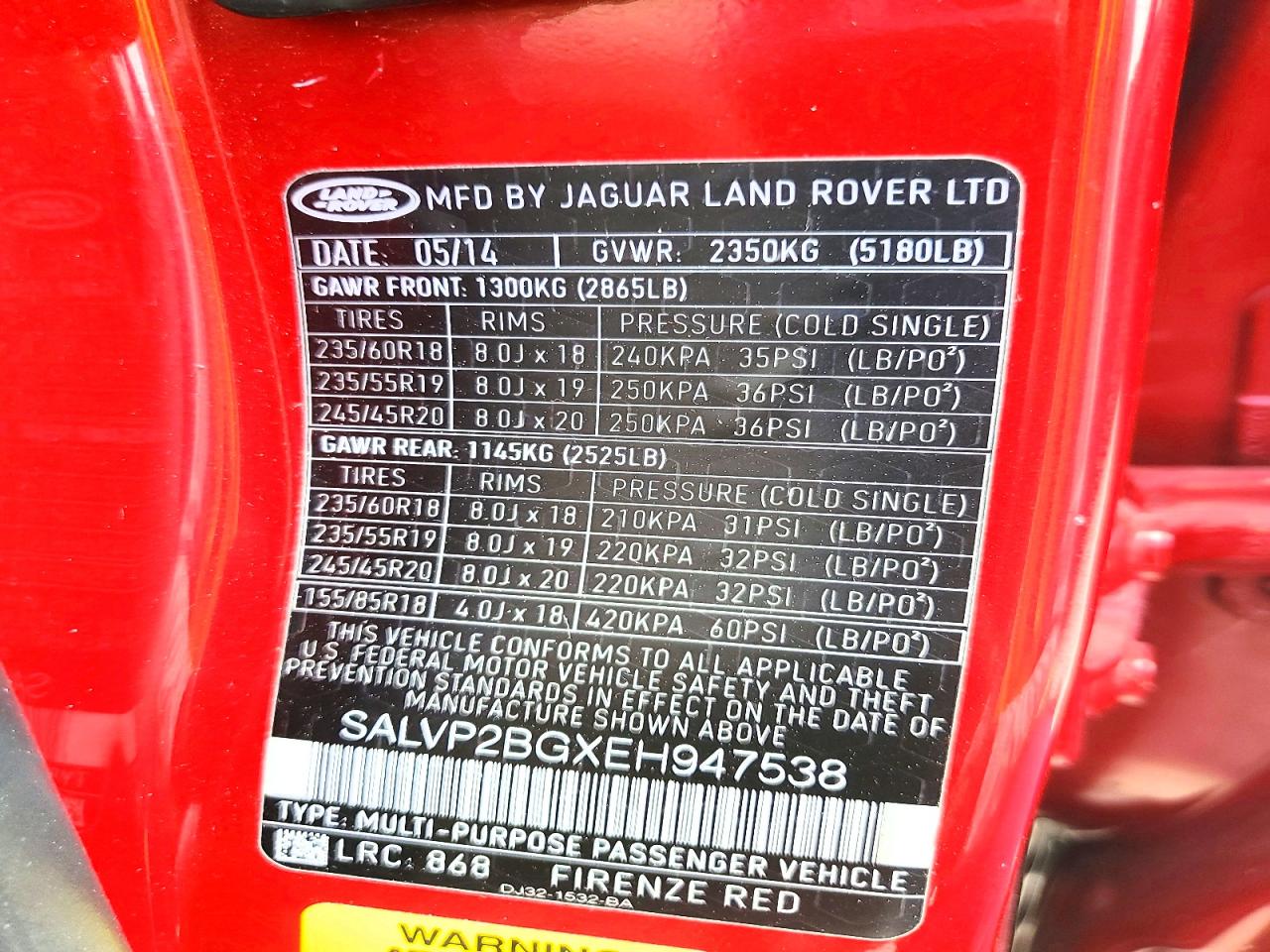 2014 Land Rover Range Rover Evoque Pure Plus Red vin: SALVP2BGXEH947538