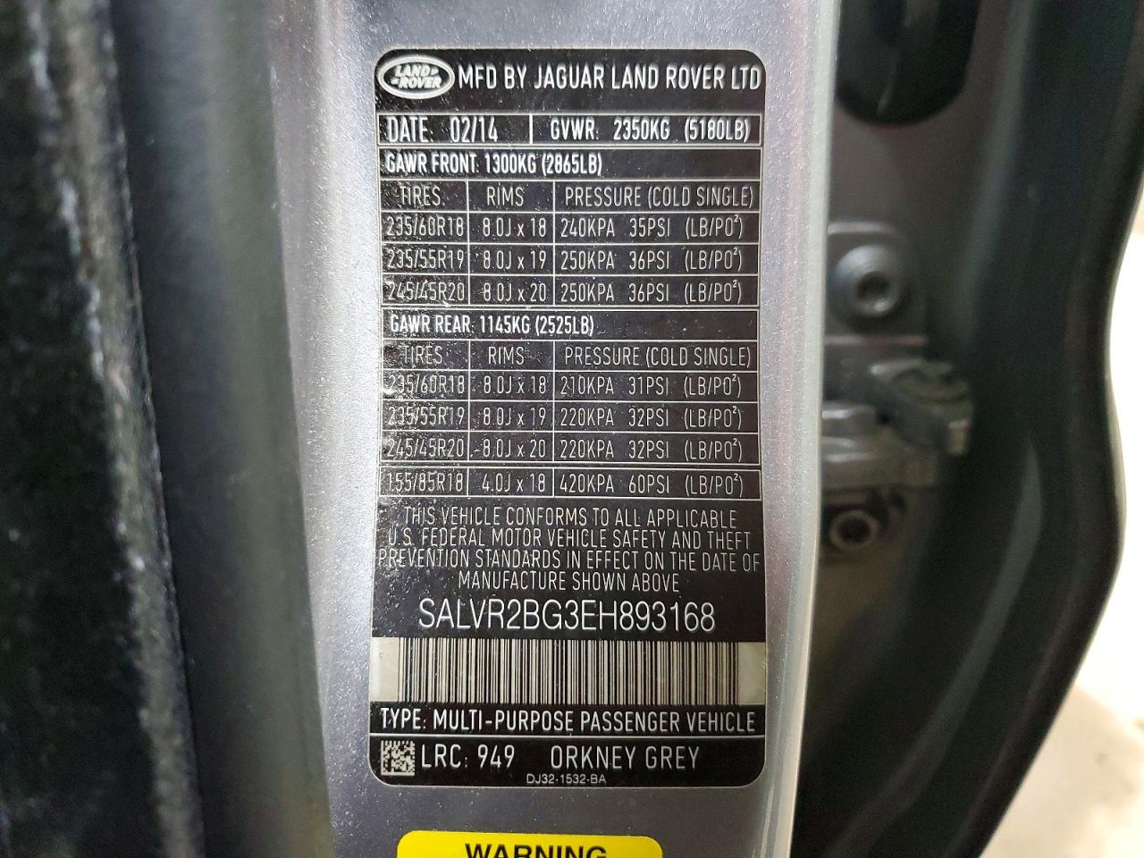 2014 Land Rover Range Rover Evoque Pure Premium Gray vin: SALVR2BG3EH893168