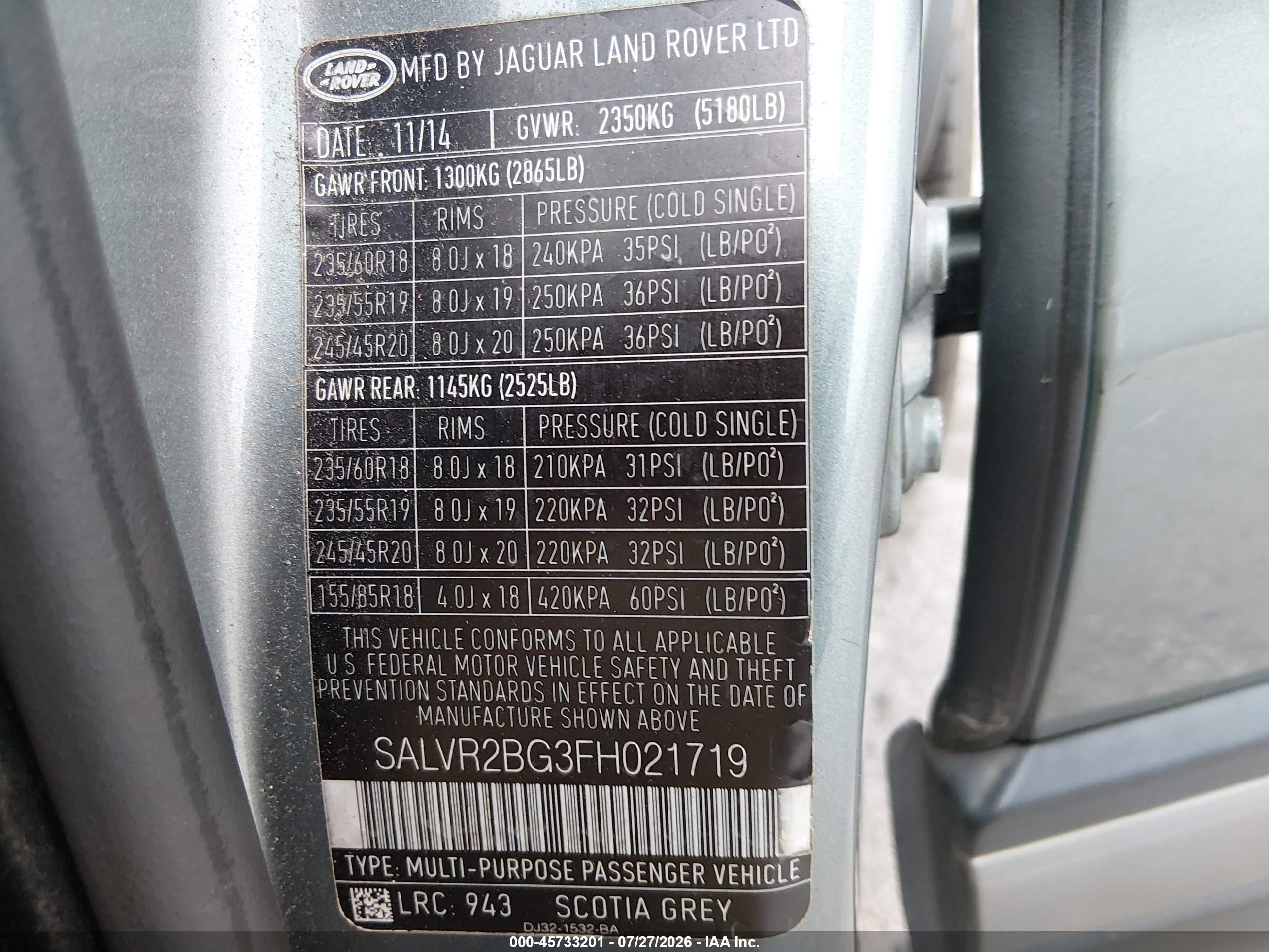 2015 Land Rover Range Rover Evoque Pure Gray vin: SALVR2BG3FH021719