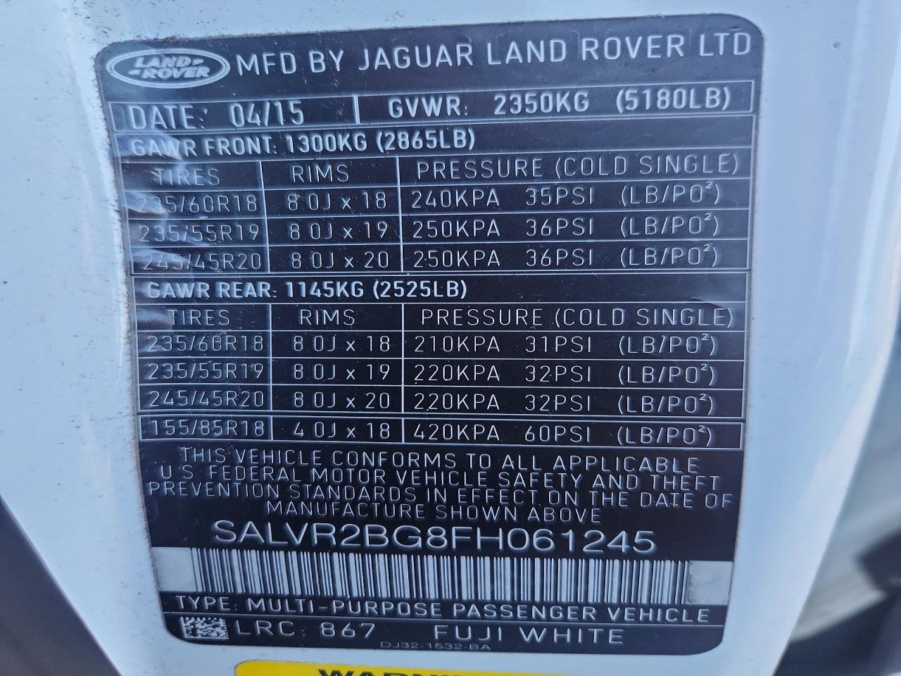 2015 Land Rover Range Rover Evoque Pure Premium White vin: SALVR2BG8FH061245