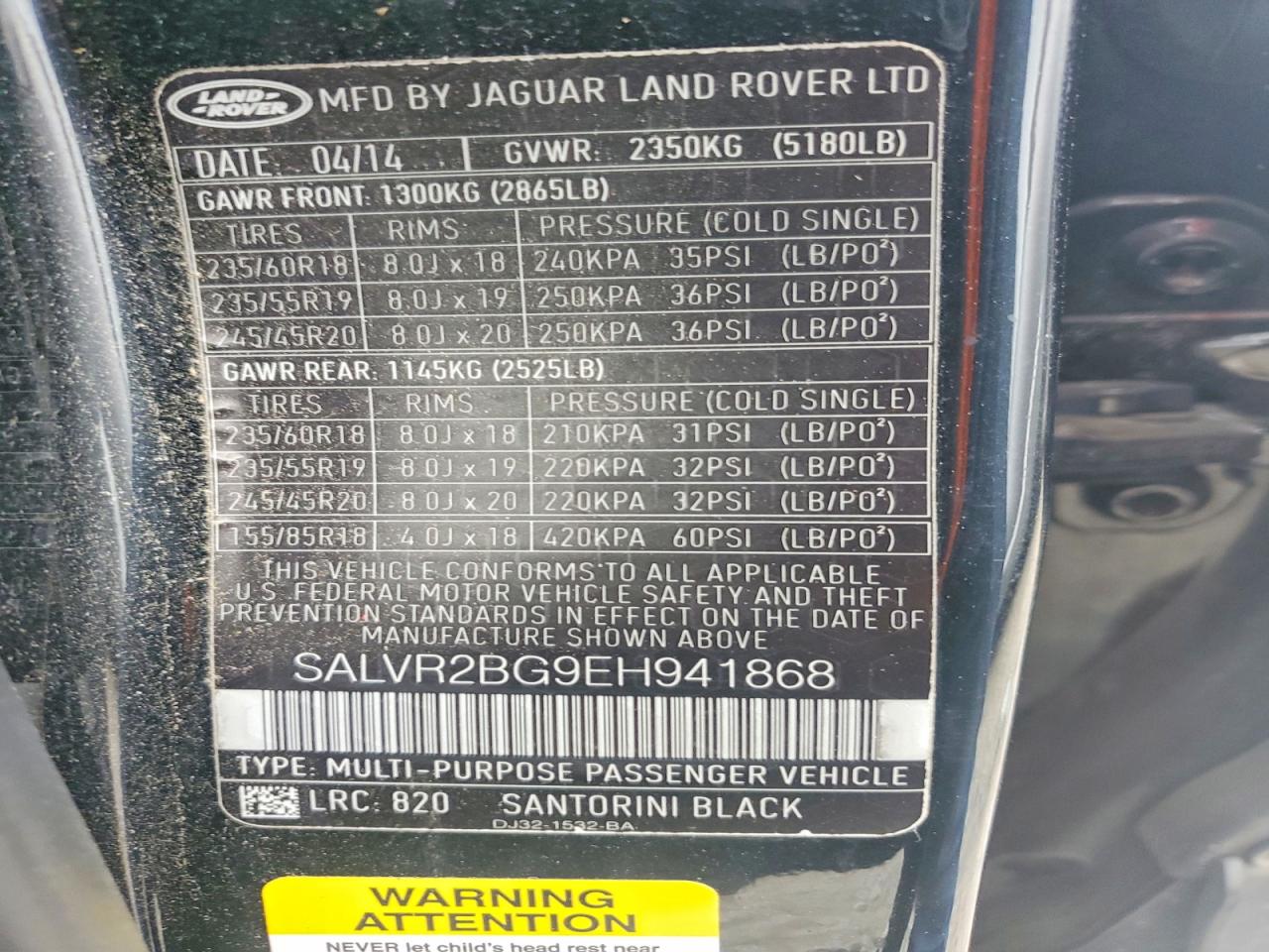 2014 Land Rover Range Rover Evoque Pure Premium Black vin: SALVR2BG9EH941868