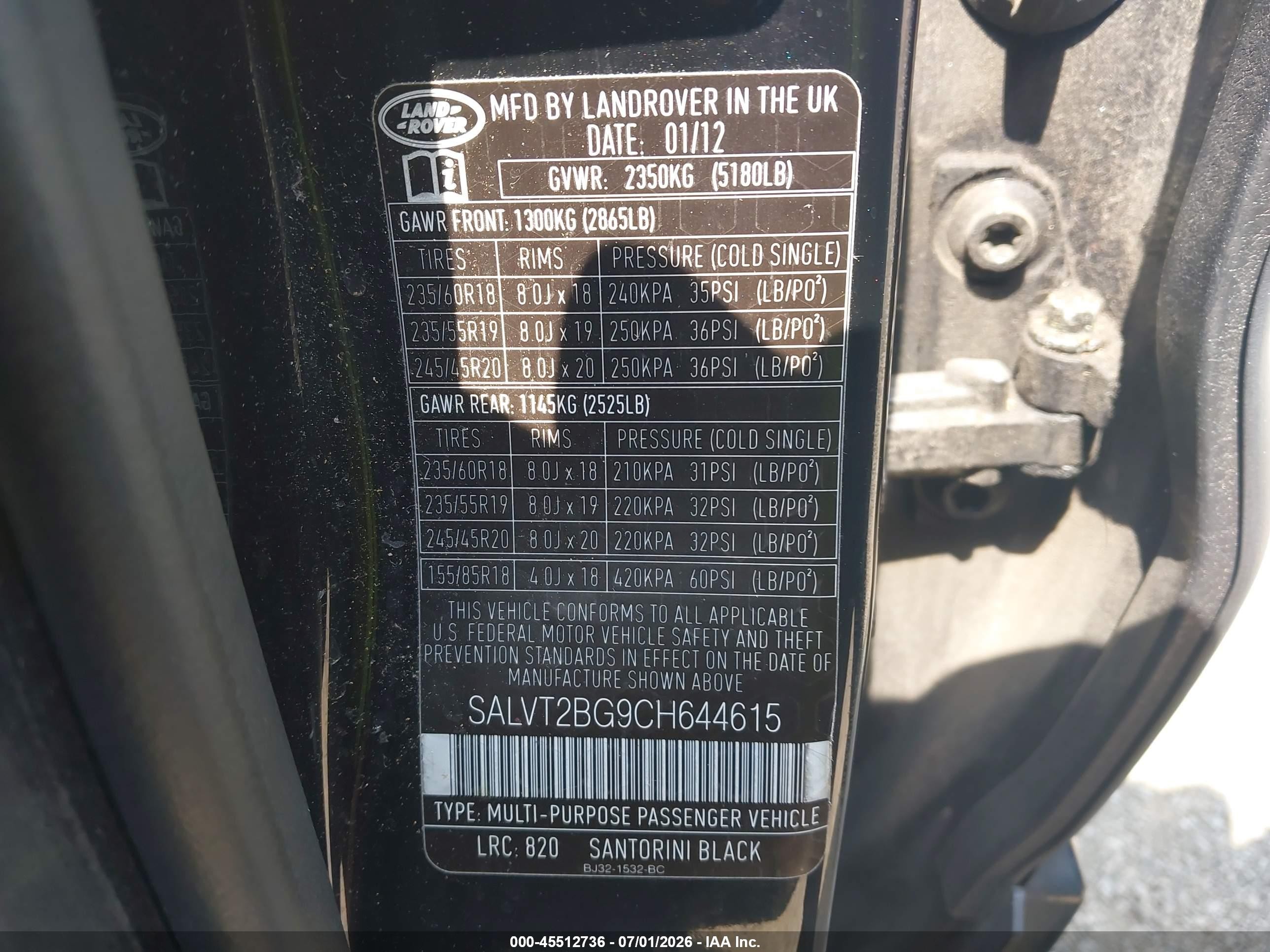 2012 Land Rover Range Rover Evoque Pure Plus Black vin: SALVT2BG9CH644615