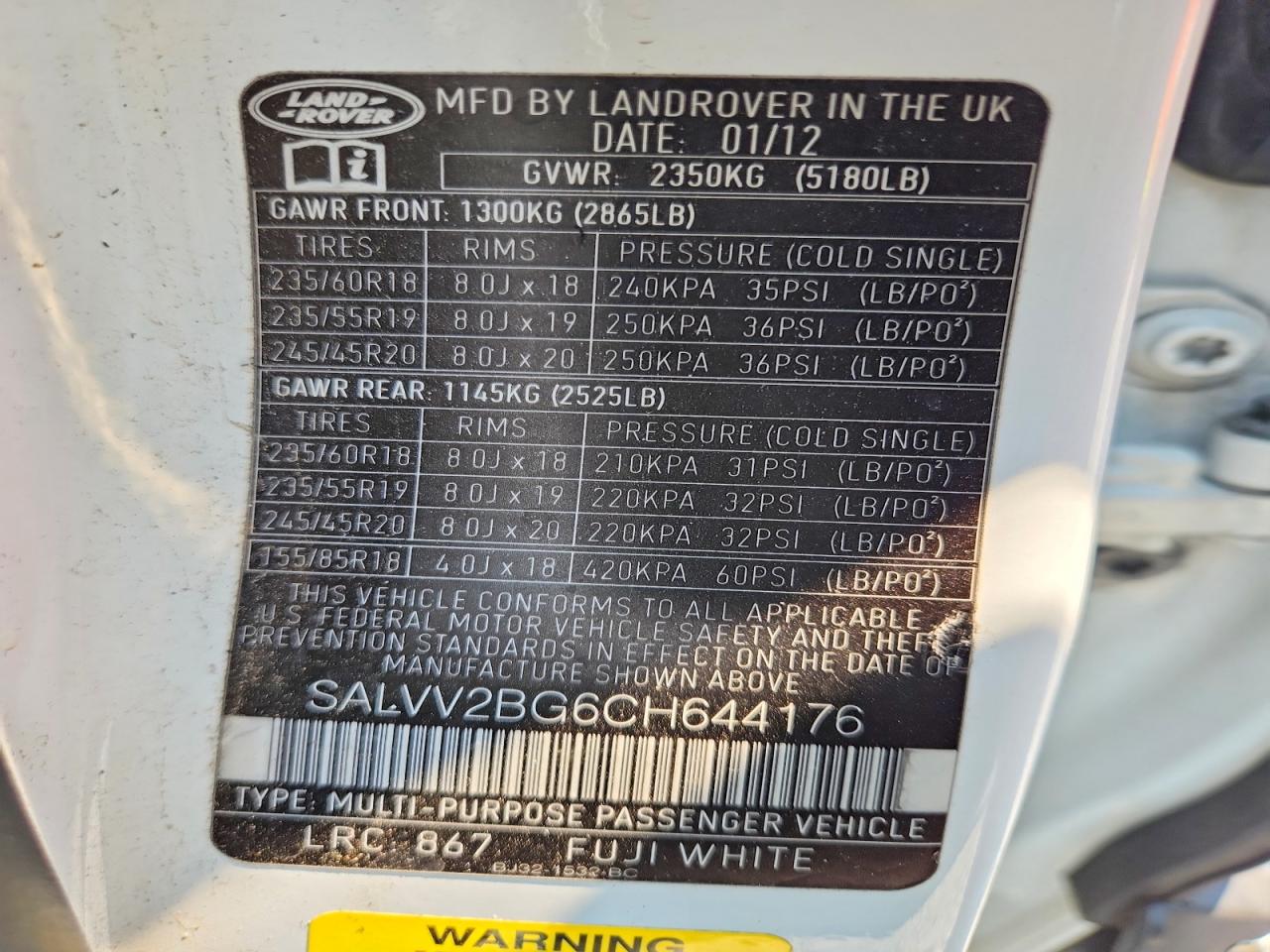 2012 Land Rover Range Rover Evoque Prestige Premium White vin: SALVV2BG6CH644176