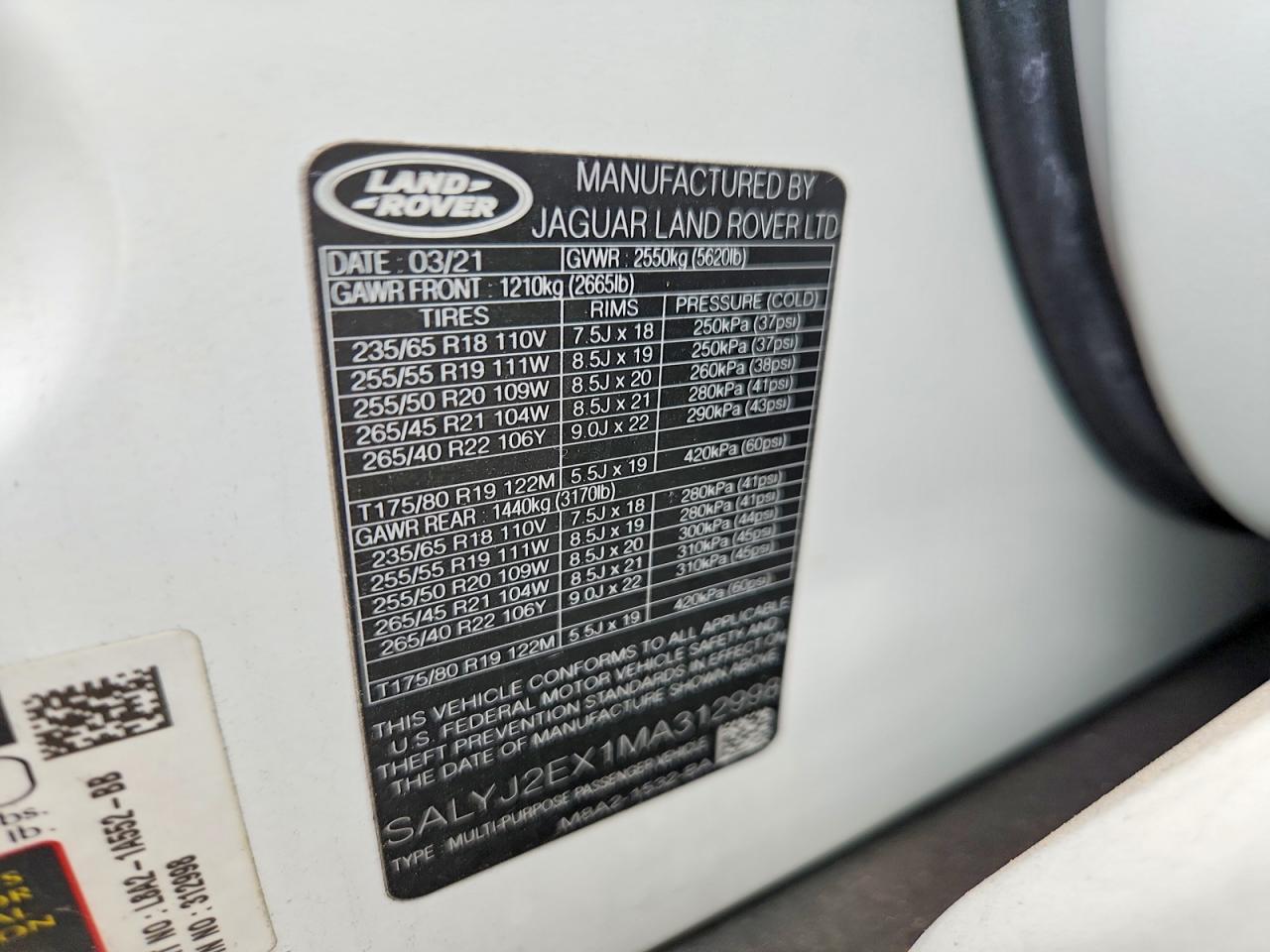 2021 Land Rover Range Rover Velar S White vin: SALYJ2EX1MA312998