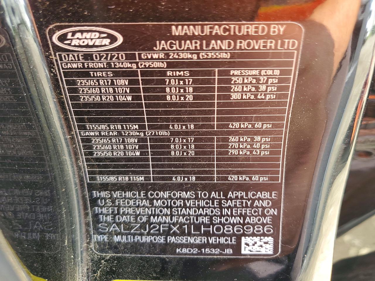 2020 Land Rover Range Rover Evoque S Black vin: SALZJ2FX1LH086986