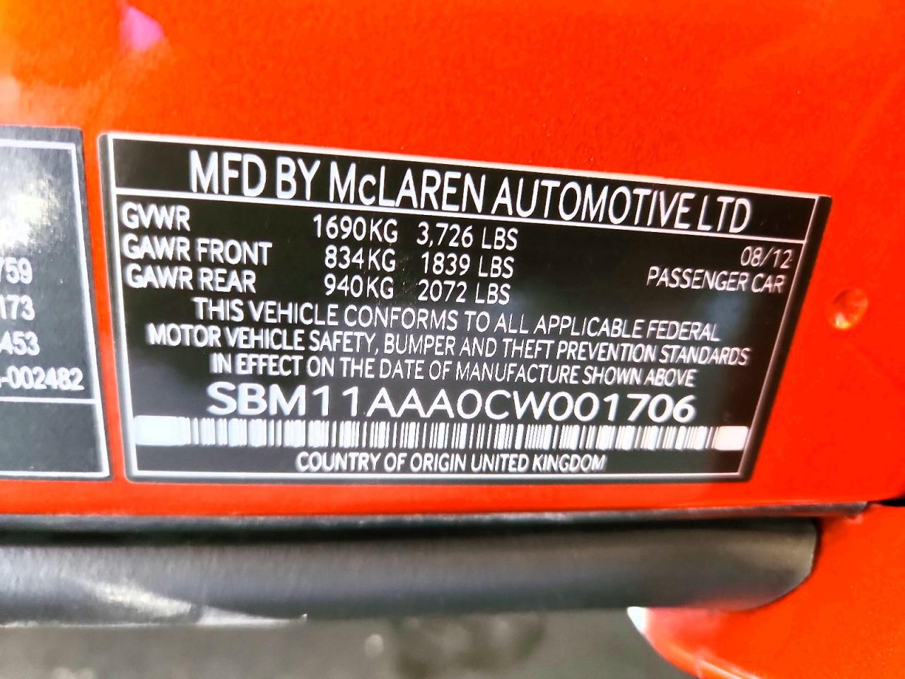 2012 Mclaren Automotive Mp4-12c Оранжевый vin: SBM11AAA0CW001706