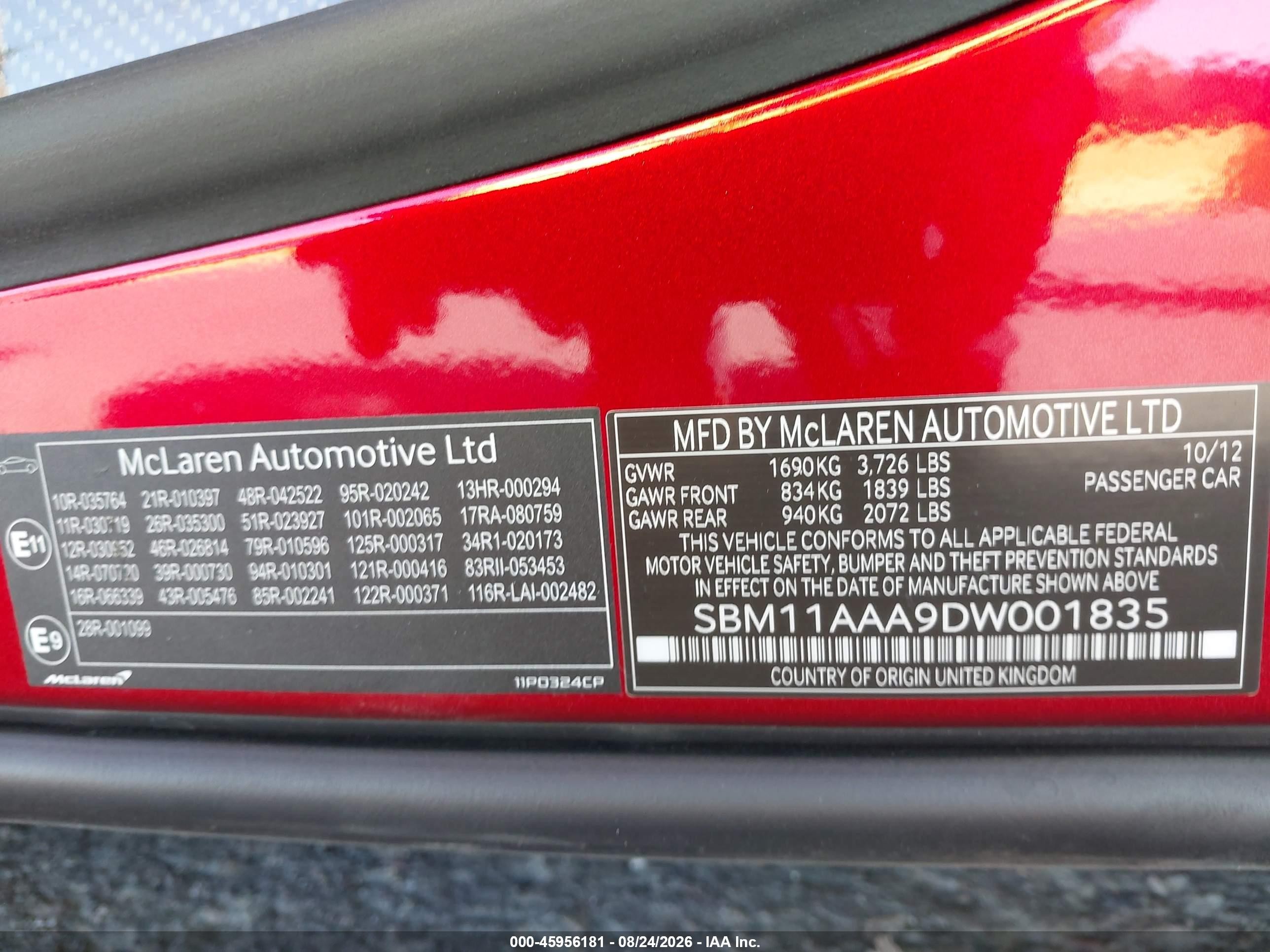 2013 Mclaren Mp4-12c   Red vin: SBM11AAA9DW001835
