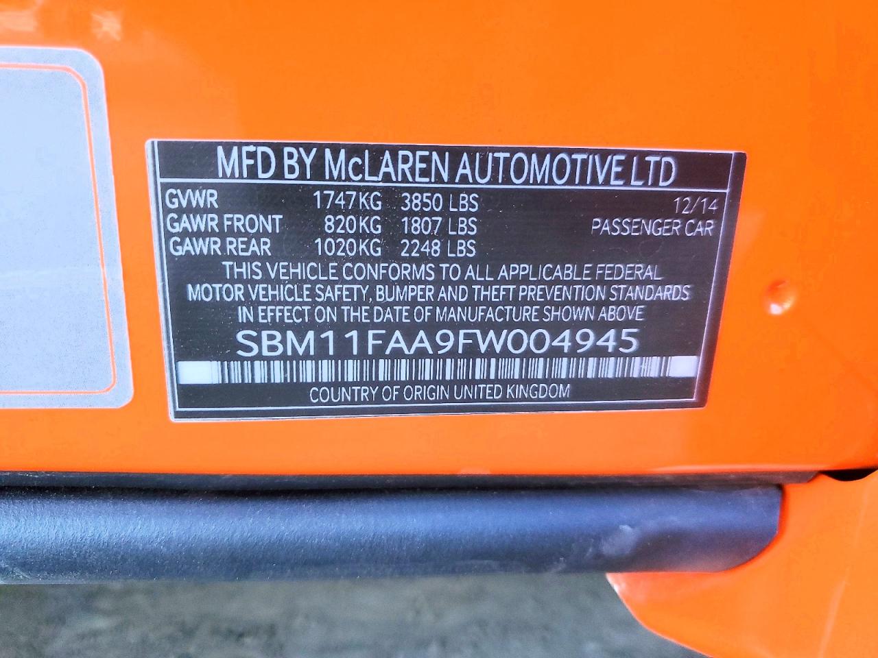 2015 Mclaren Automotive 650s Spider Orange vin: SBM11FAA9FW004945