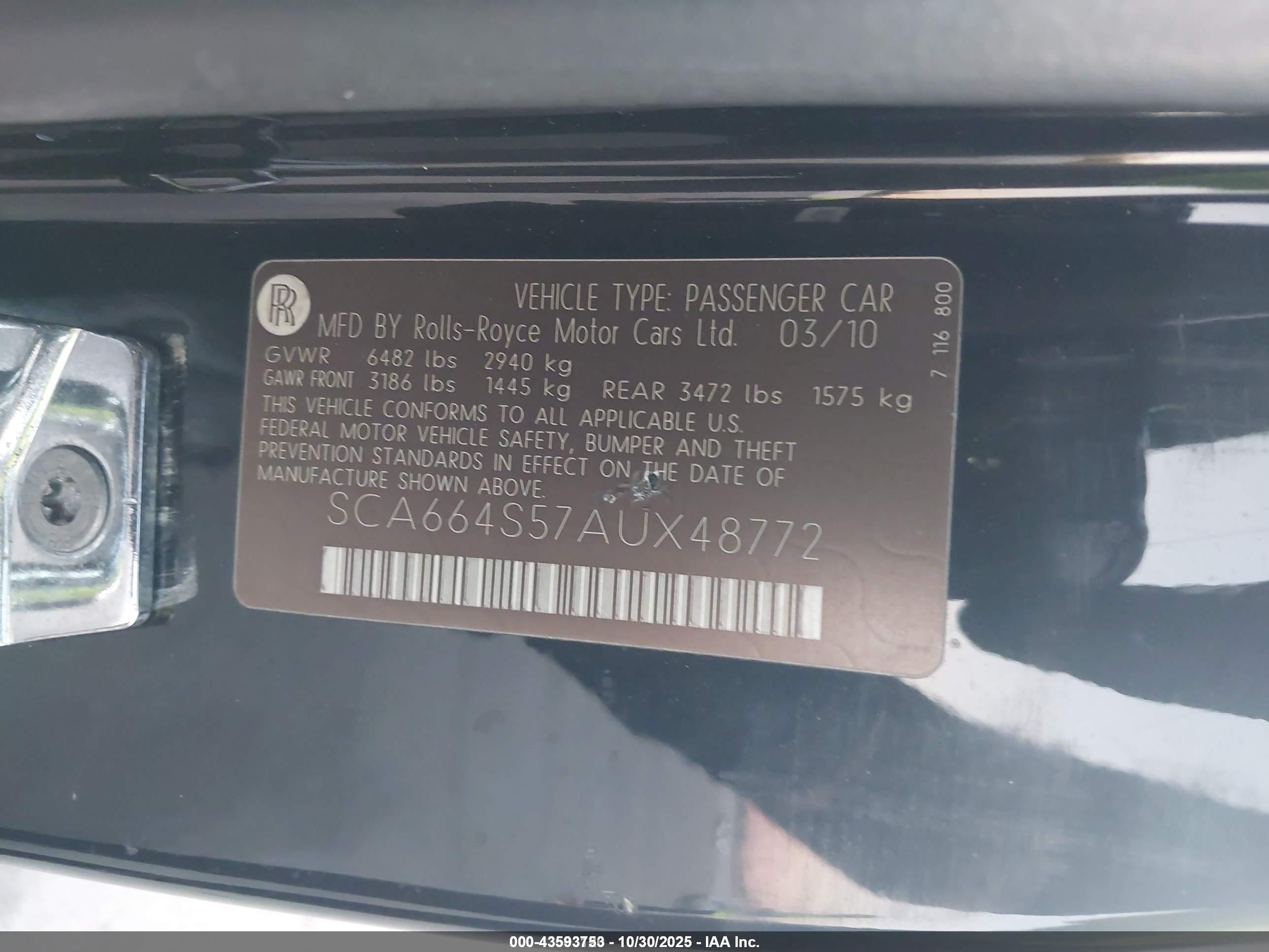 2010 Rolls-royce Ghost   Черный vin: SCA664S57AUX48772