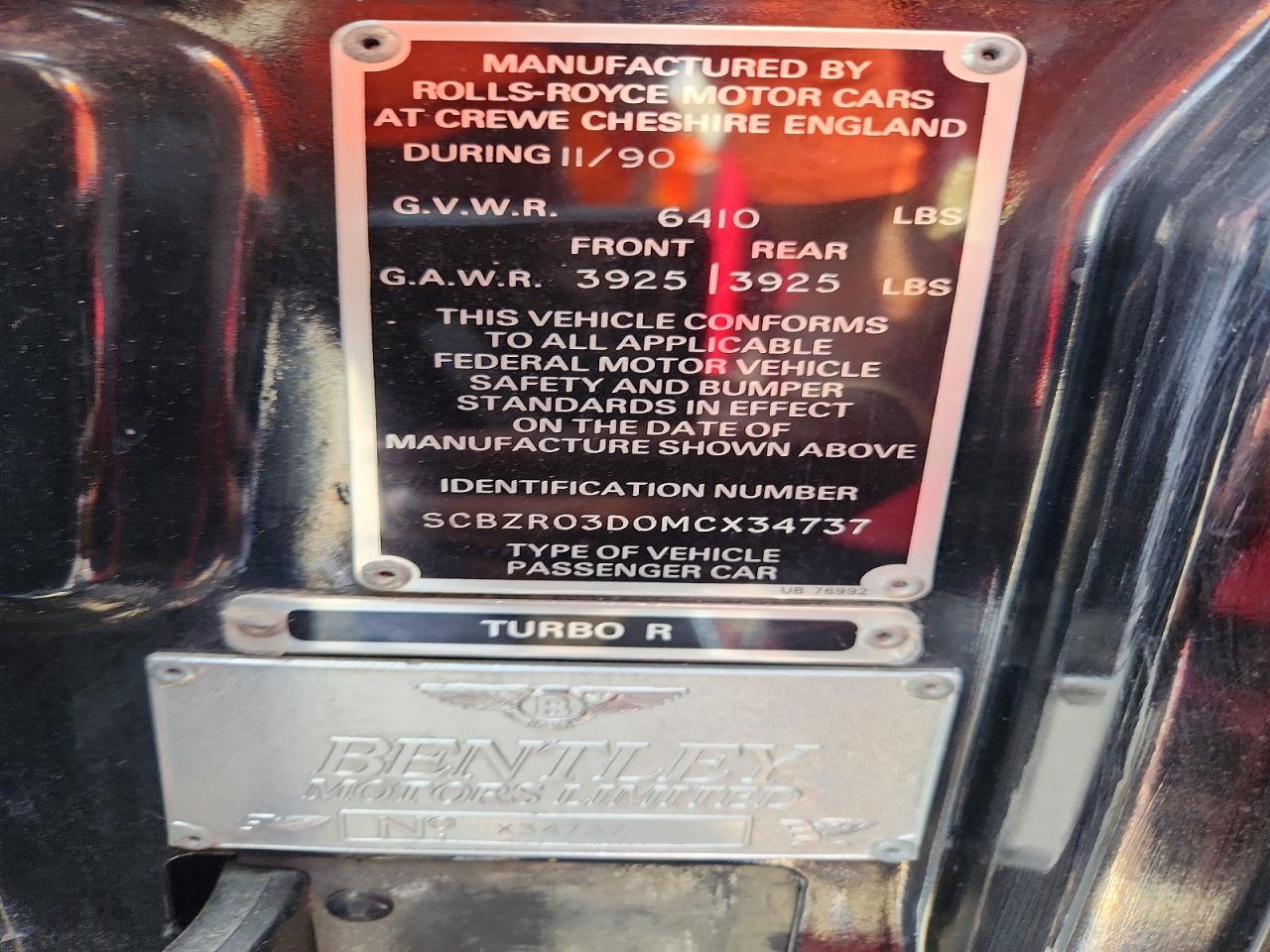 1991 Bentley Turbo R Black vin: SCBZR03D0MCX34737