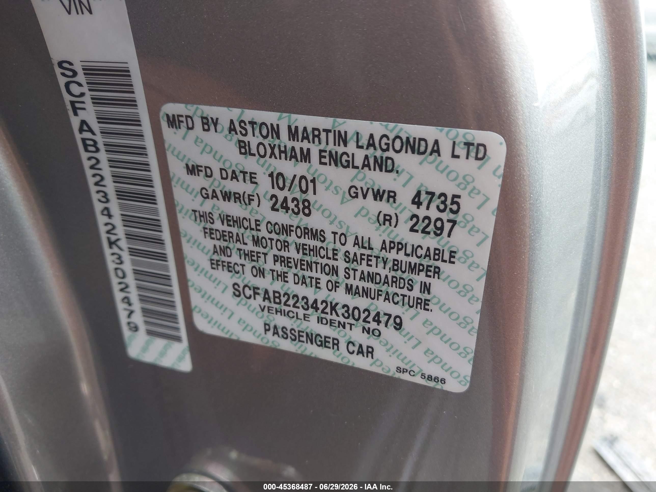 2002 Aston Martin Db7 Vantage   Серебряный vin: SCFAB22342K302479