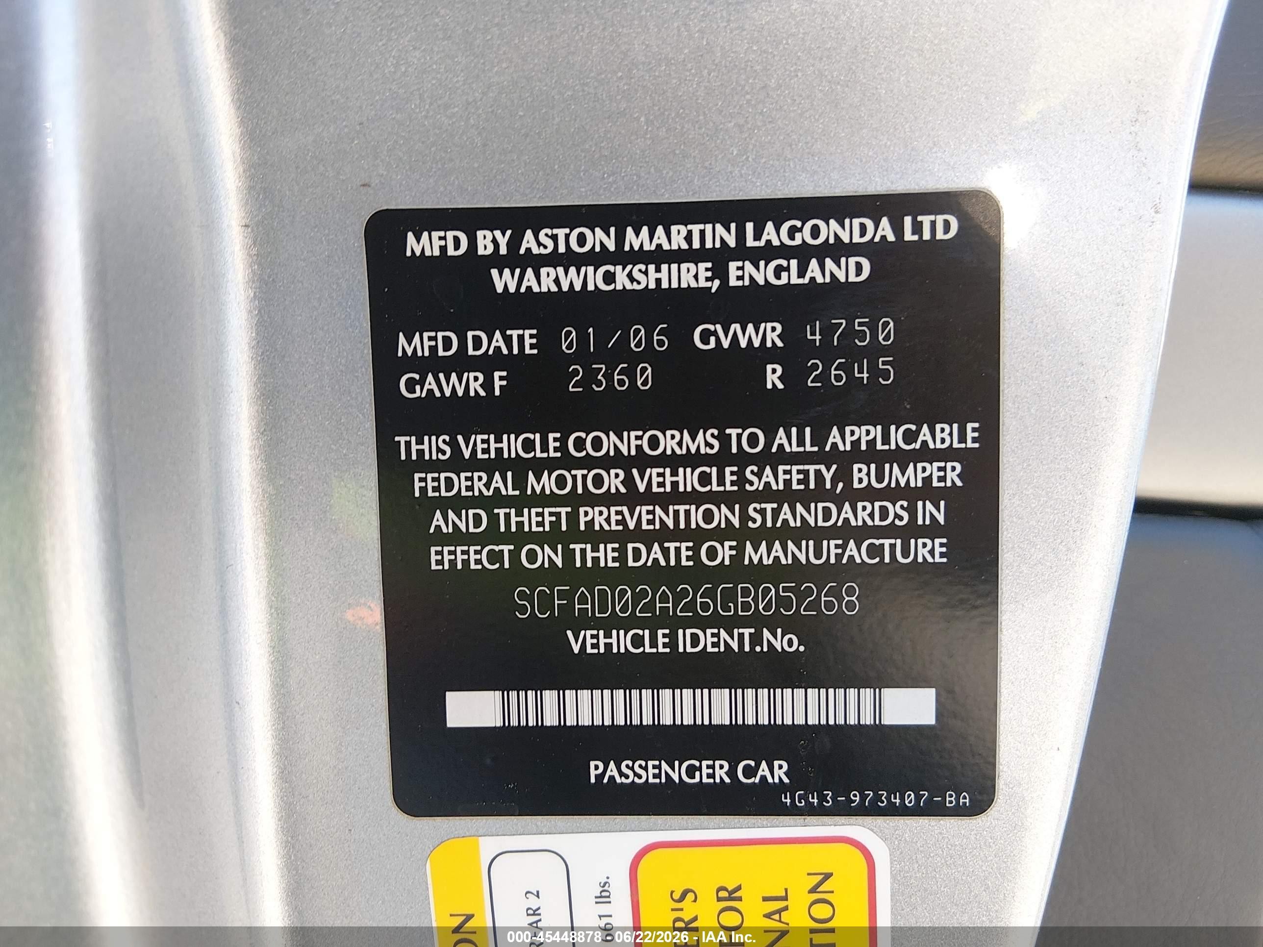 2006 Aston Martin Db9 Volante Серебряный vin: SCFAD02A26GB05268