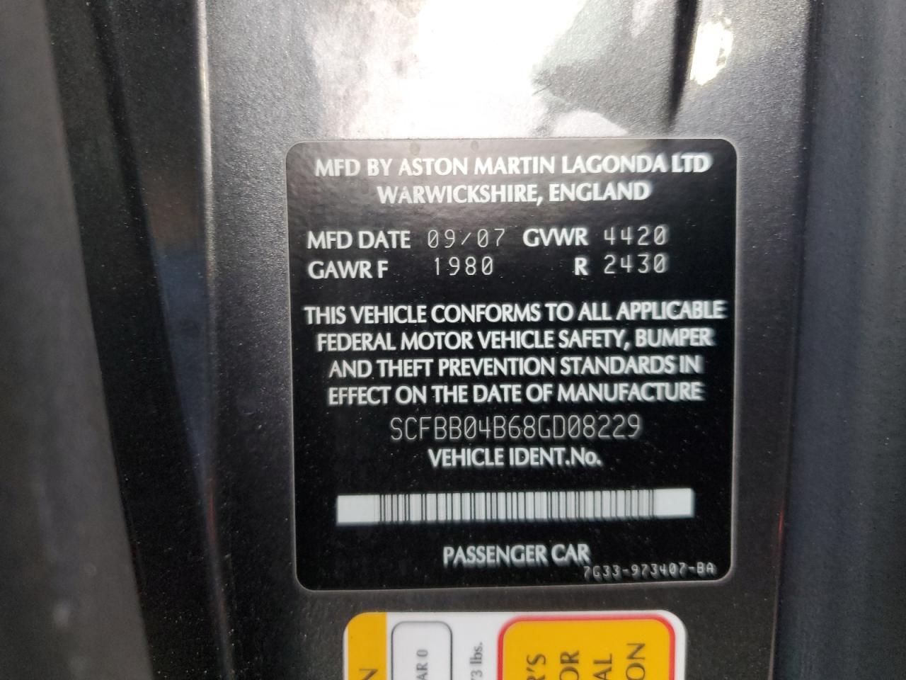 2008 Aston Martin V8 Vantage Gray vin: SCFBB04B68GD08229