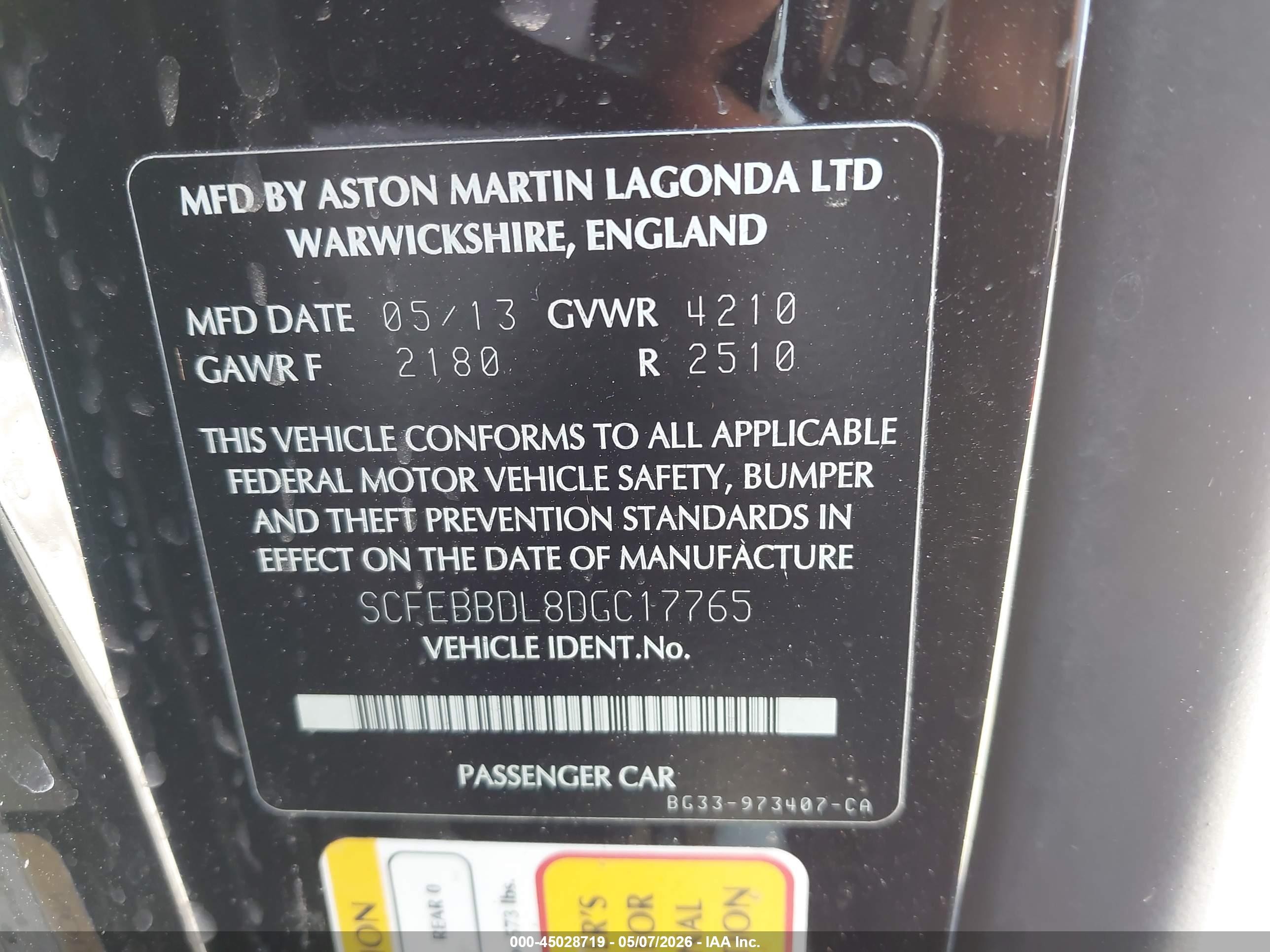 2013 Aston Martin V8 Vantage S Черный vin: SCFEBBDL8DGC17765