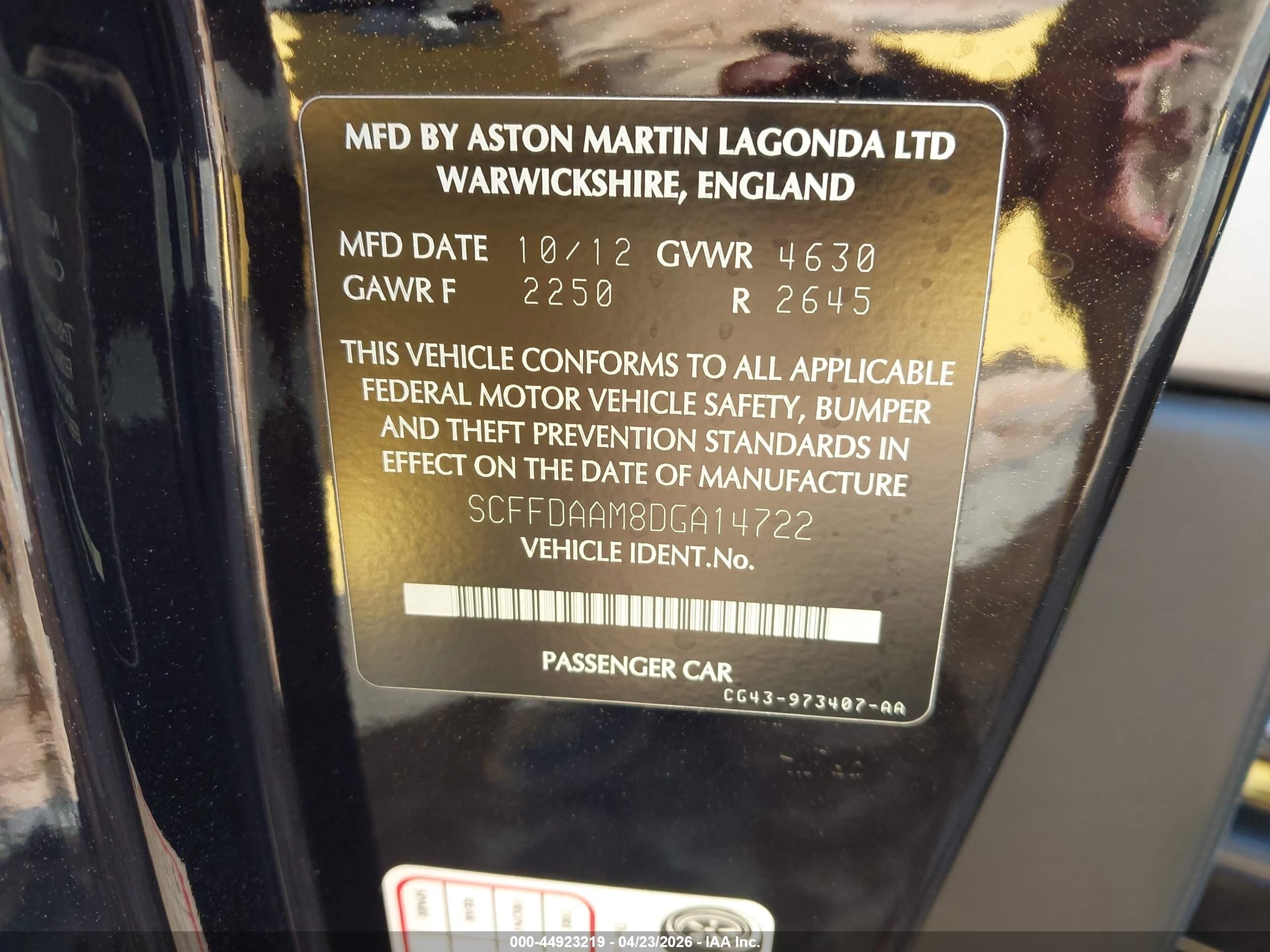2013 Aston Martin Db9   Черный vin: SCFFDAAM8DGA14722