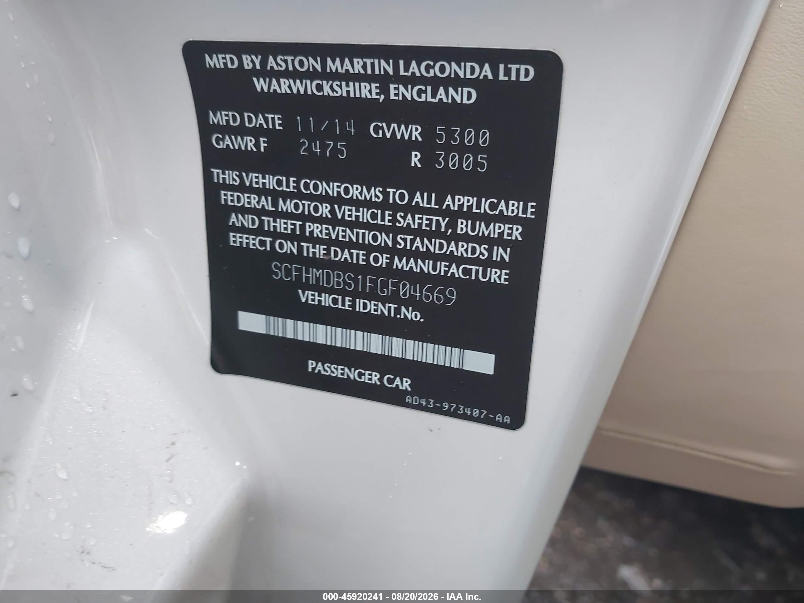 2015 Aston Martin Rapide S   White vin: SCFHMDBS1FGF04669