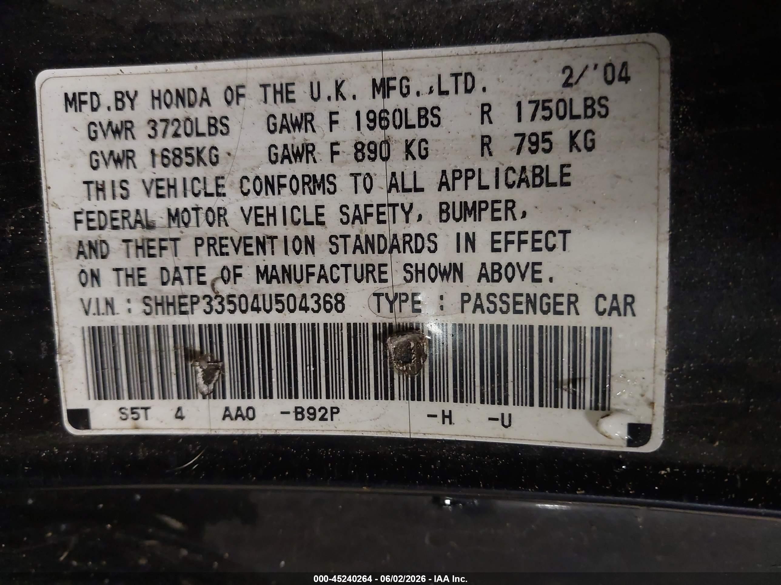 2004 Honda Civic Si Черный vin: SHHEP33504U504368