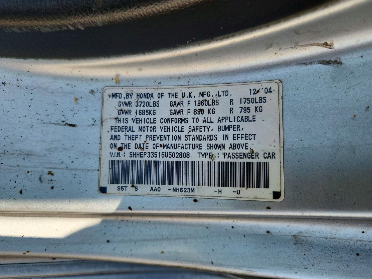 2005 Honda Civic Si Silver vin: SHHEP33515U502808