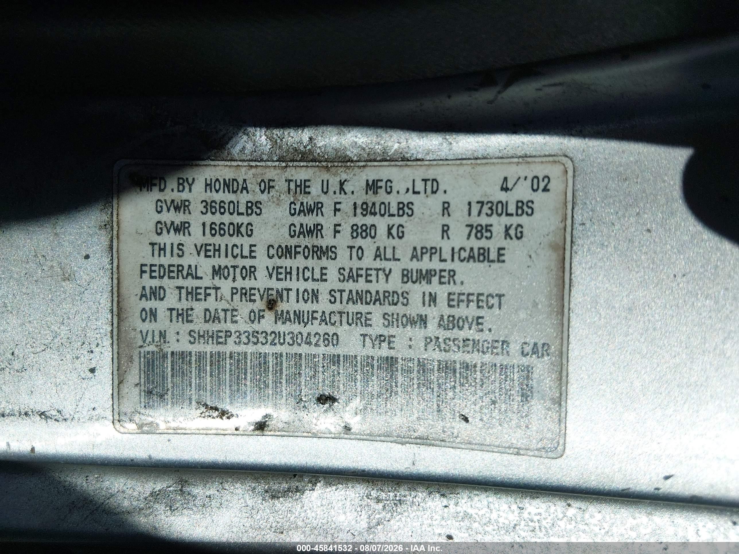 2002 Honda Civic Si Silver vin: SHHEP33532U304260
