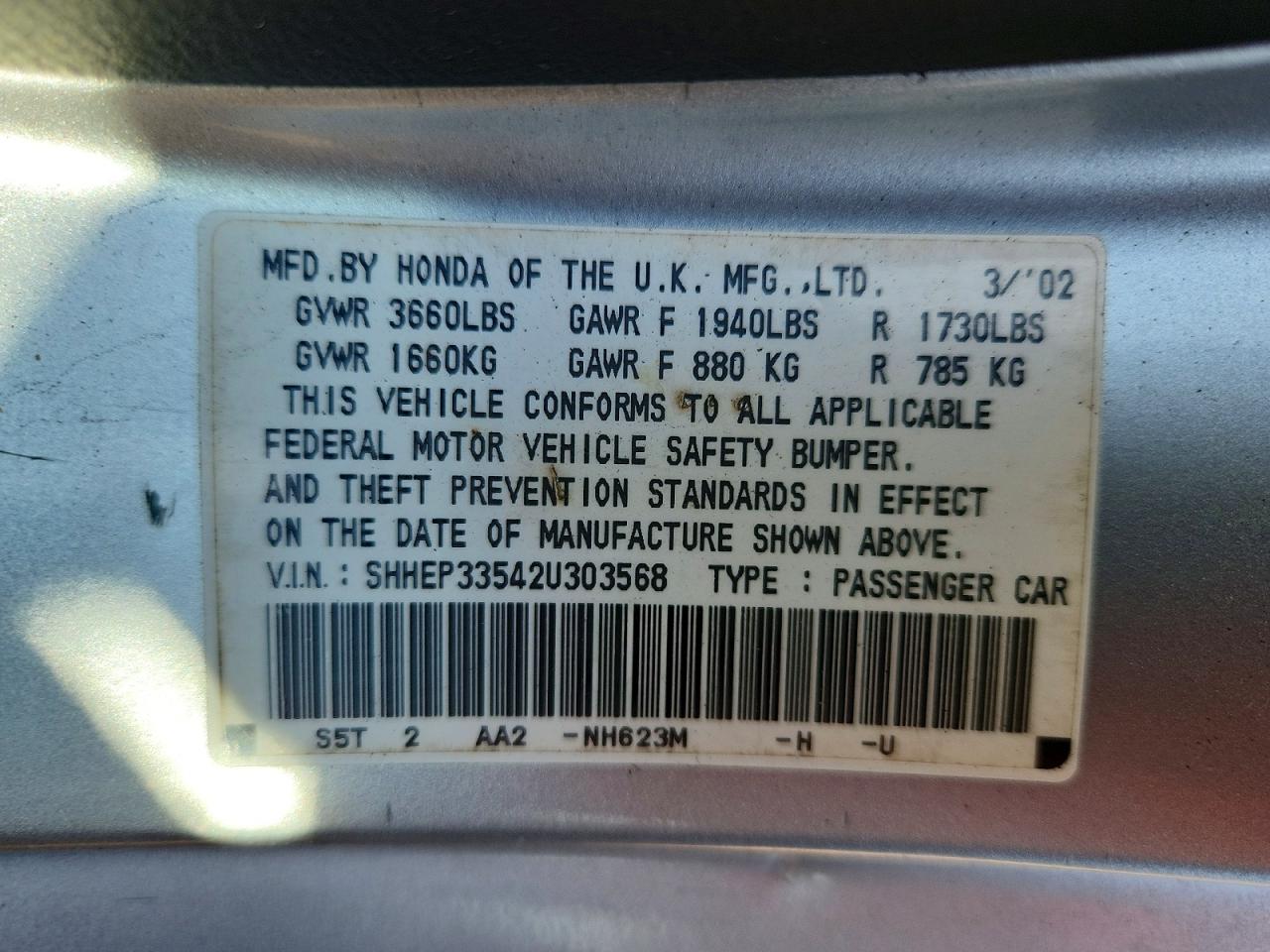 2002 Honda Civic Si Gray vin: SHHEP33542U303568