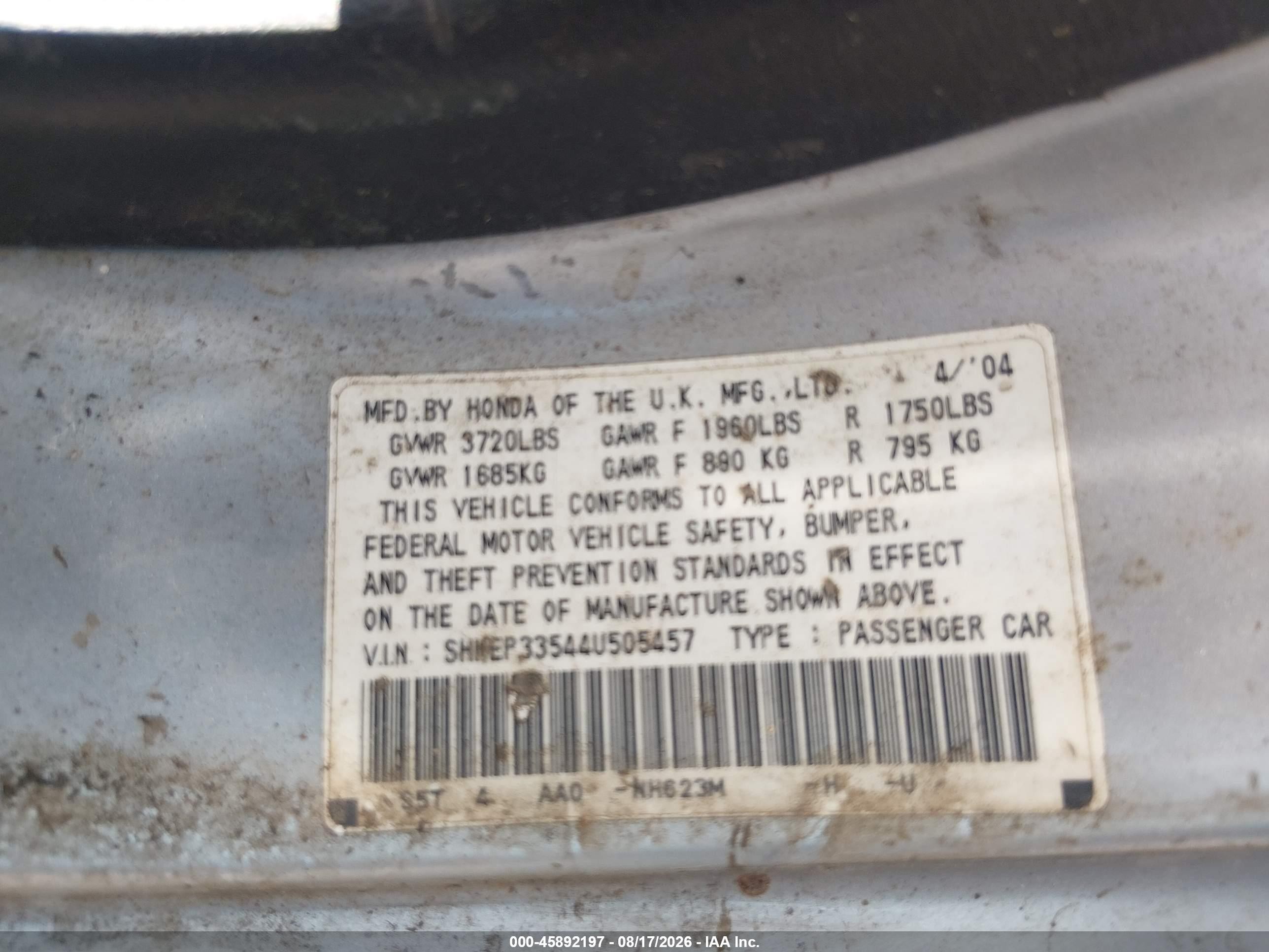 2004 Honda Civic Si Silver vin: SHHEP33544U505457