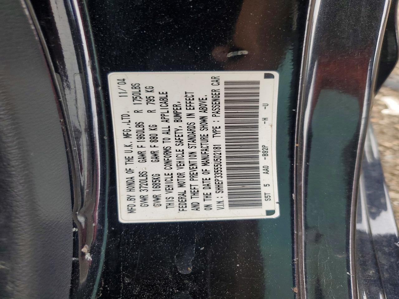 2005 Honda Civic Si Black vin: SHHEP33555U502181