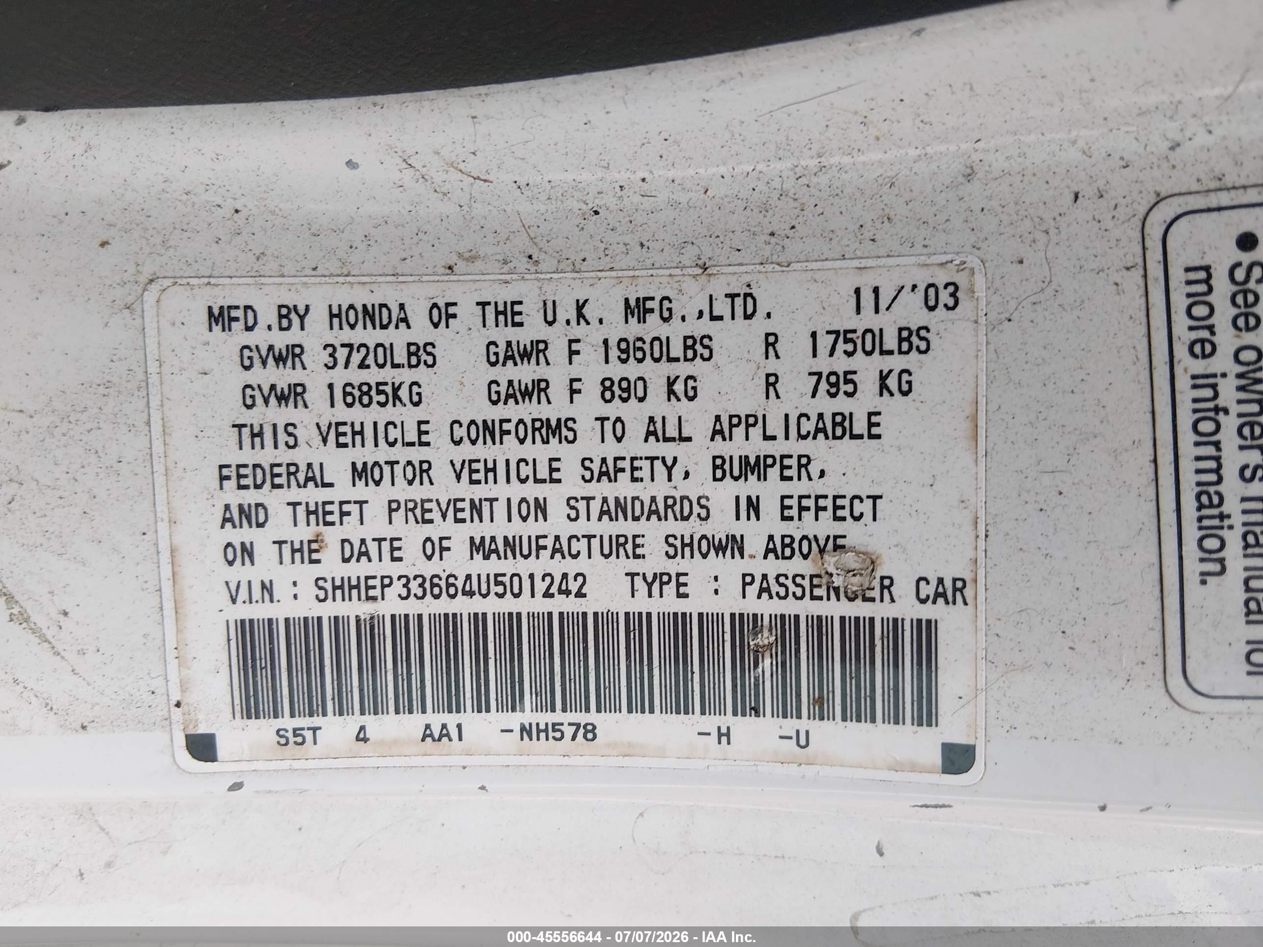 2004 Honda Civic Si White vin: SHHEP33664U501242