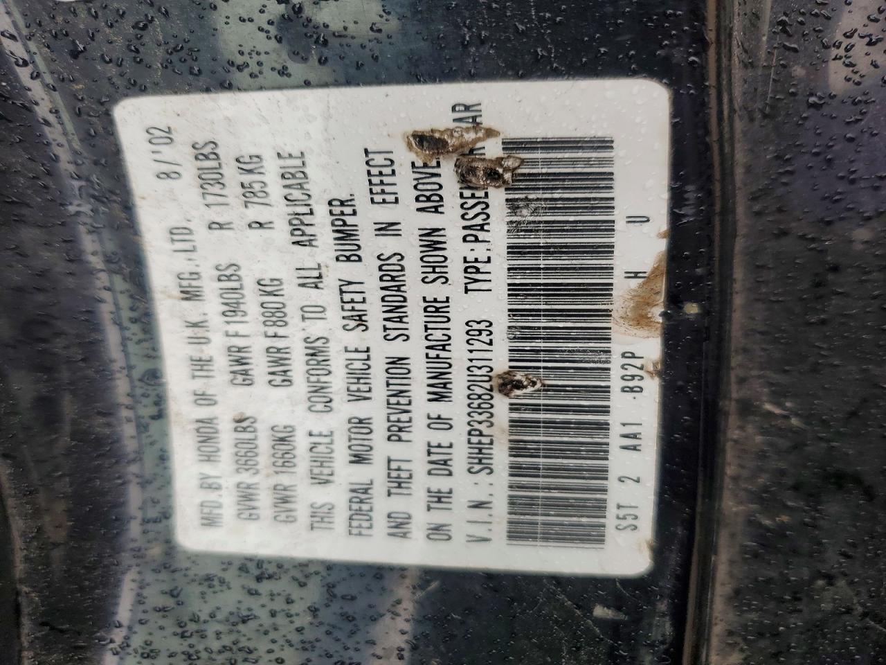 2002 Honda Civic Si Black vin: SHHEP33682U311293