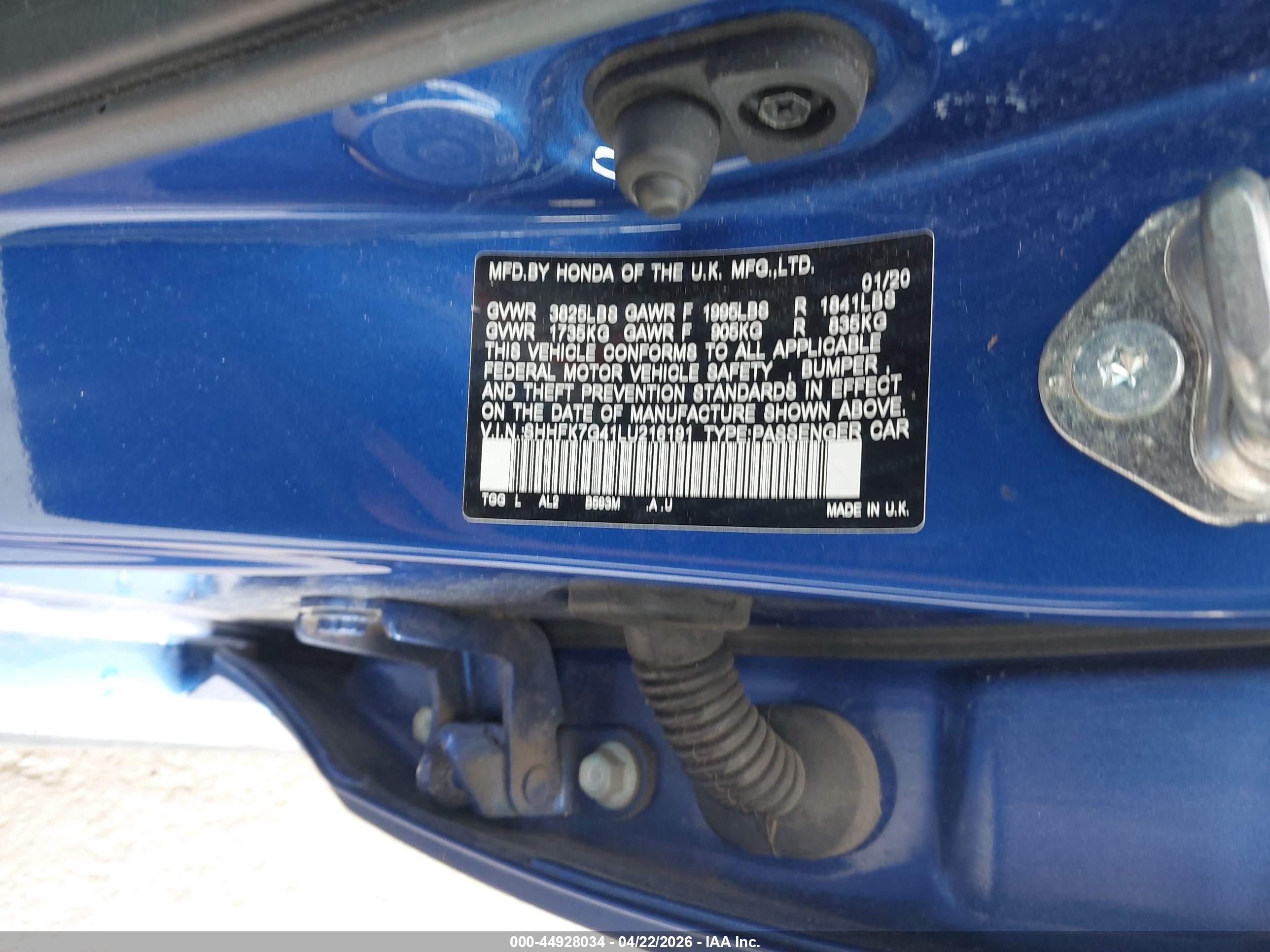 2020 Honda Civic Sport Blue vin: SHHFK7G41LU216191