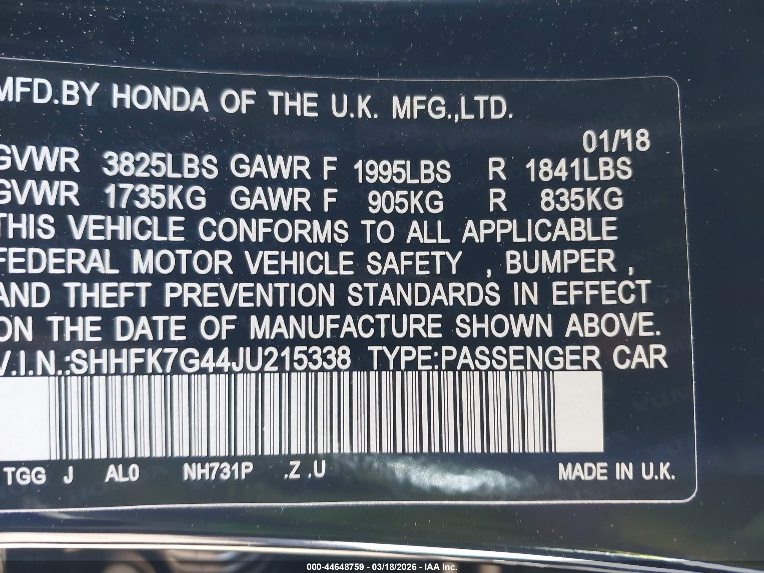 2018 Honda Civic Sport Black vin: SHHFK7G44JU215338