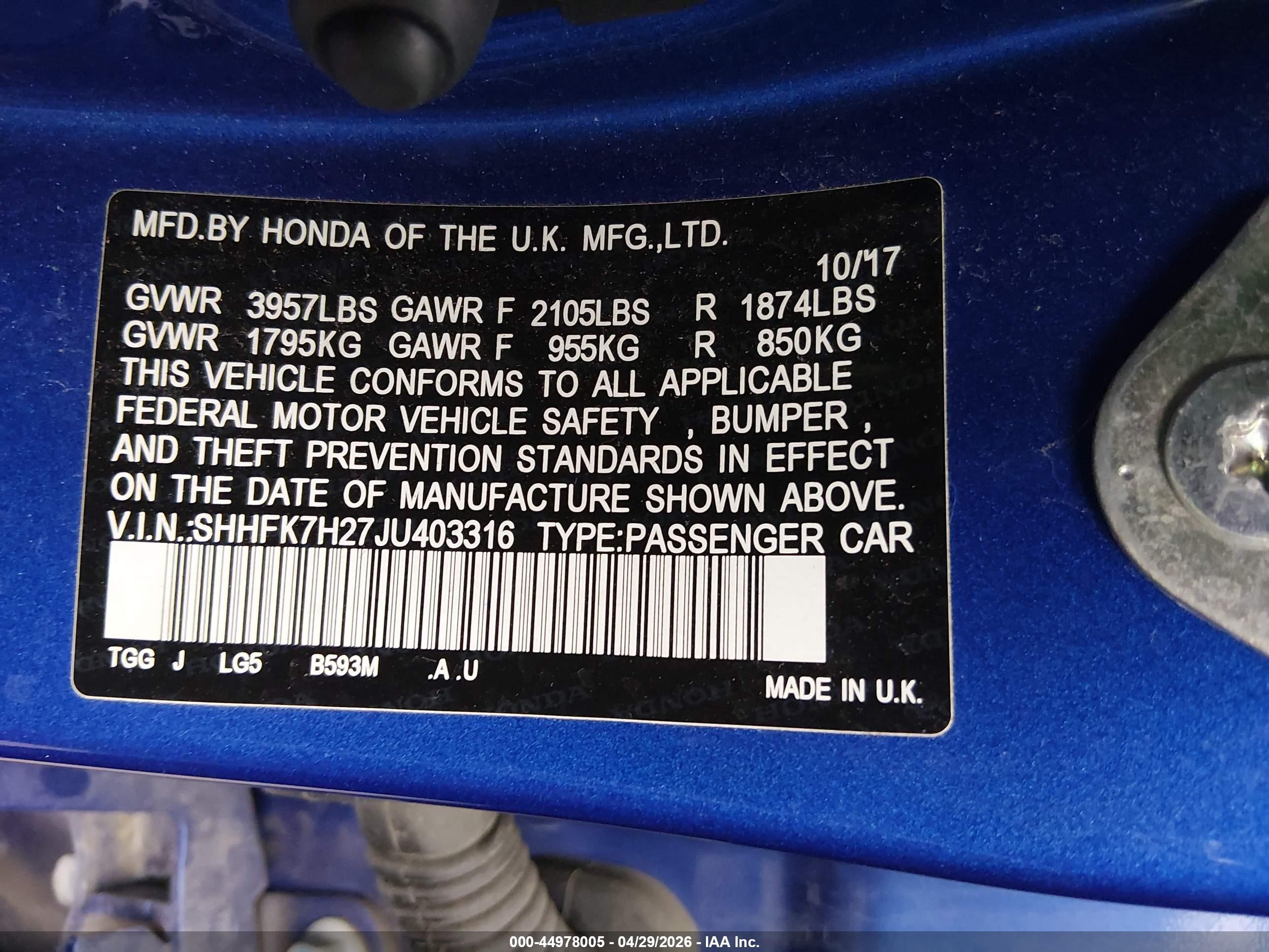 2018 Honda Civic Lx Blue vin: SHHFK7H27JU403316