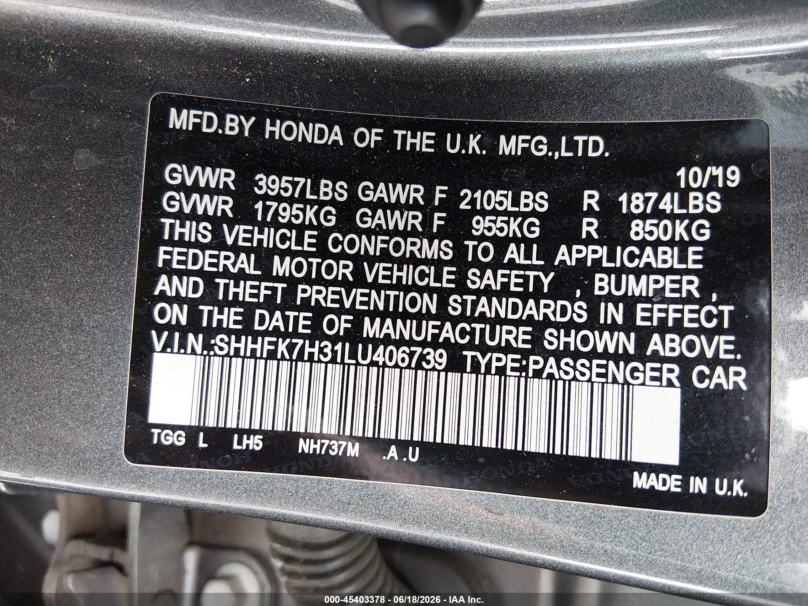 2020 Honda Civic Lx Gray vin: SHHFK7H31LU406739