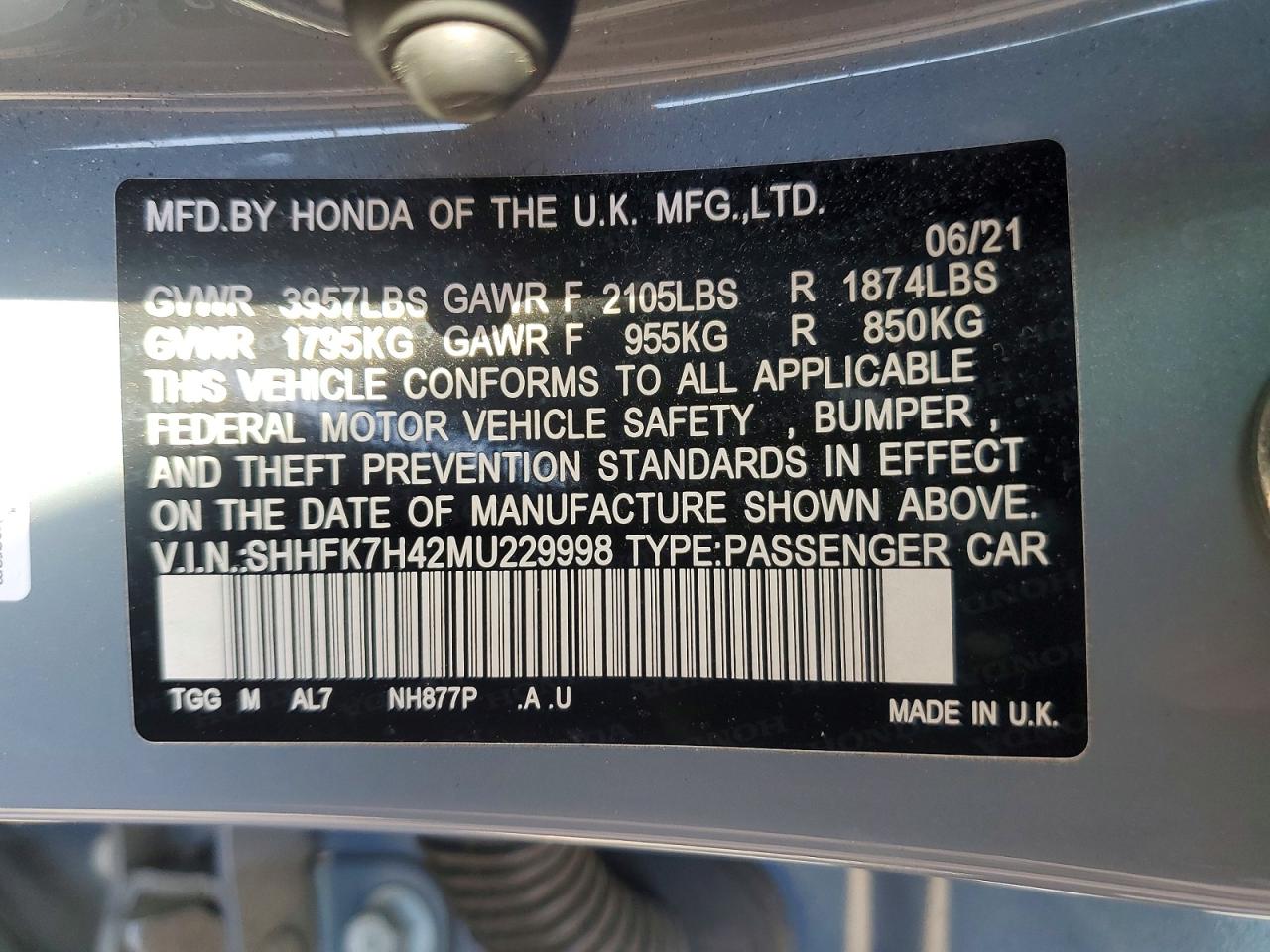 2021 Honda Civic Sport Gray vin: SHHFK7H42MU229998