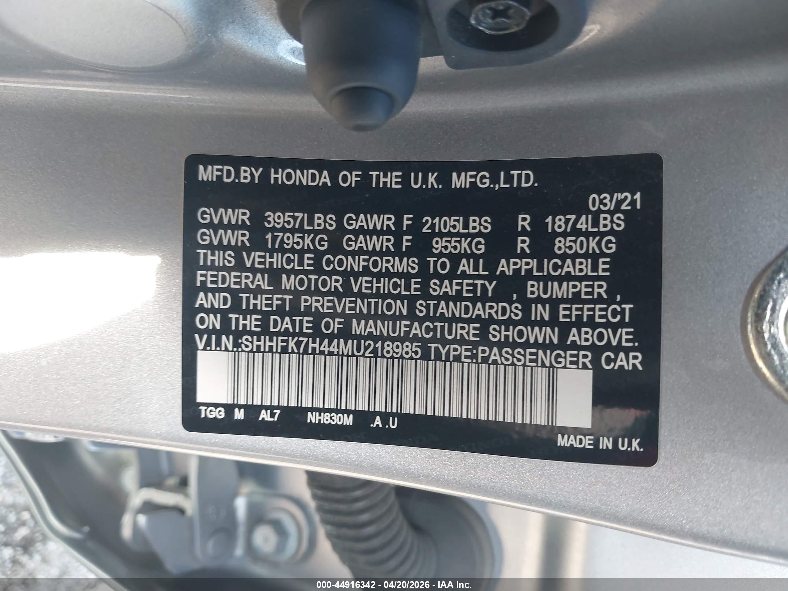 2021 Honda Civic Sport Silver vin: SHHFK7H44MU218985