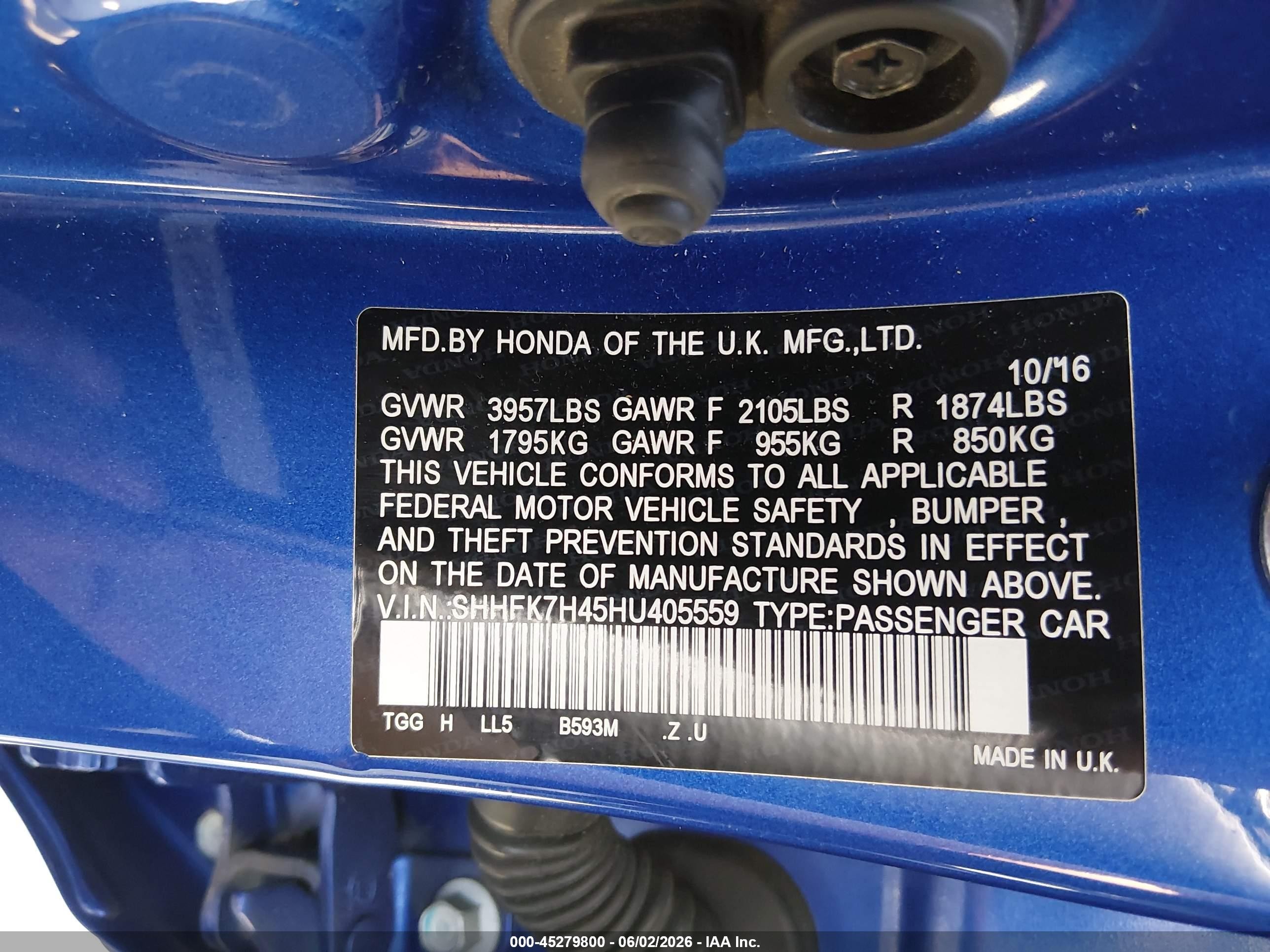 2017 Honda Civic Sport Blue vin: SHHFK7H45HU405559