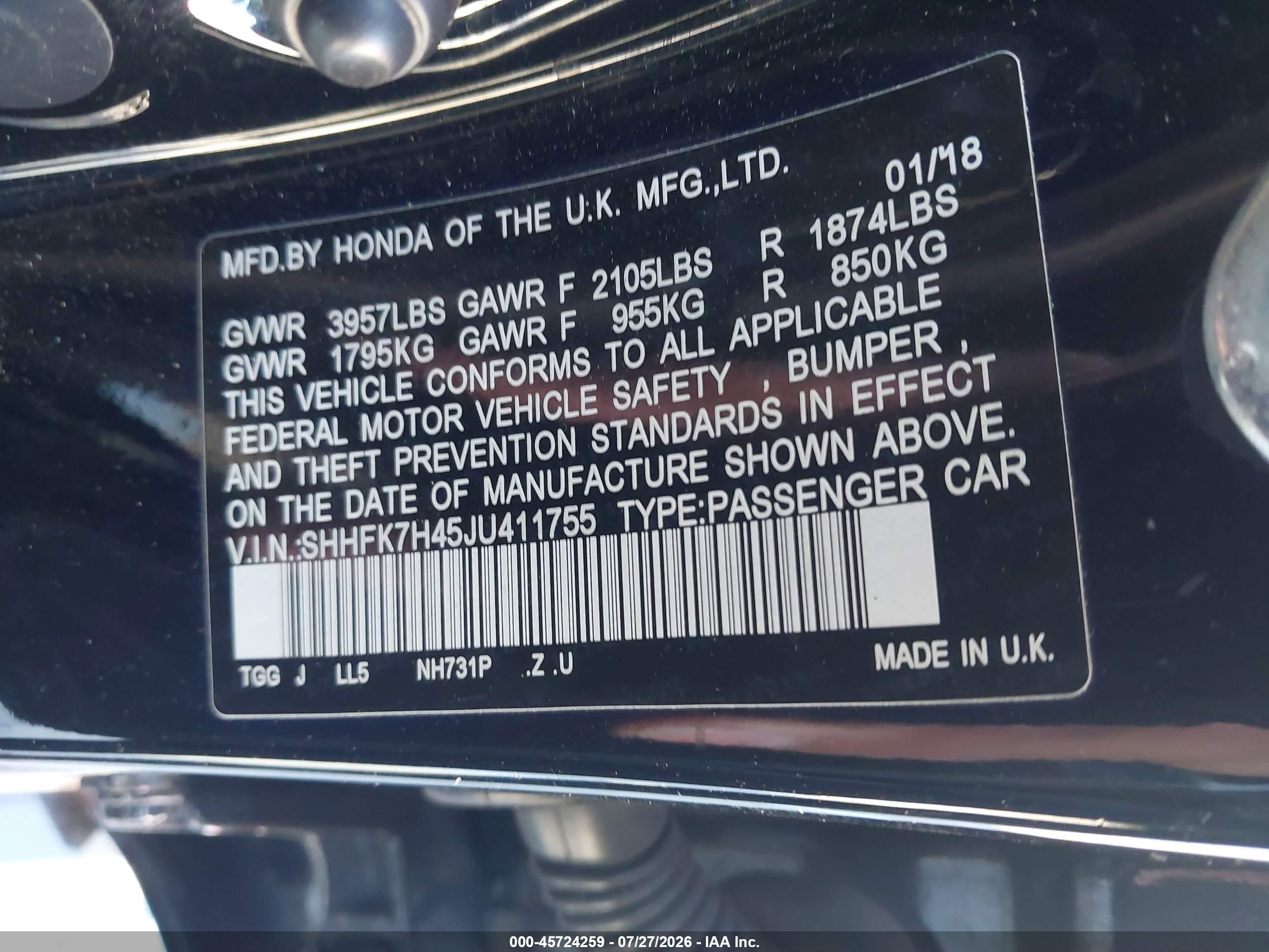 2018 Honda Civic Sport Black vin: SHHFK7H45JU411755
