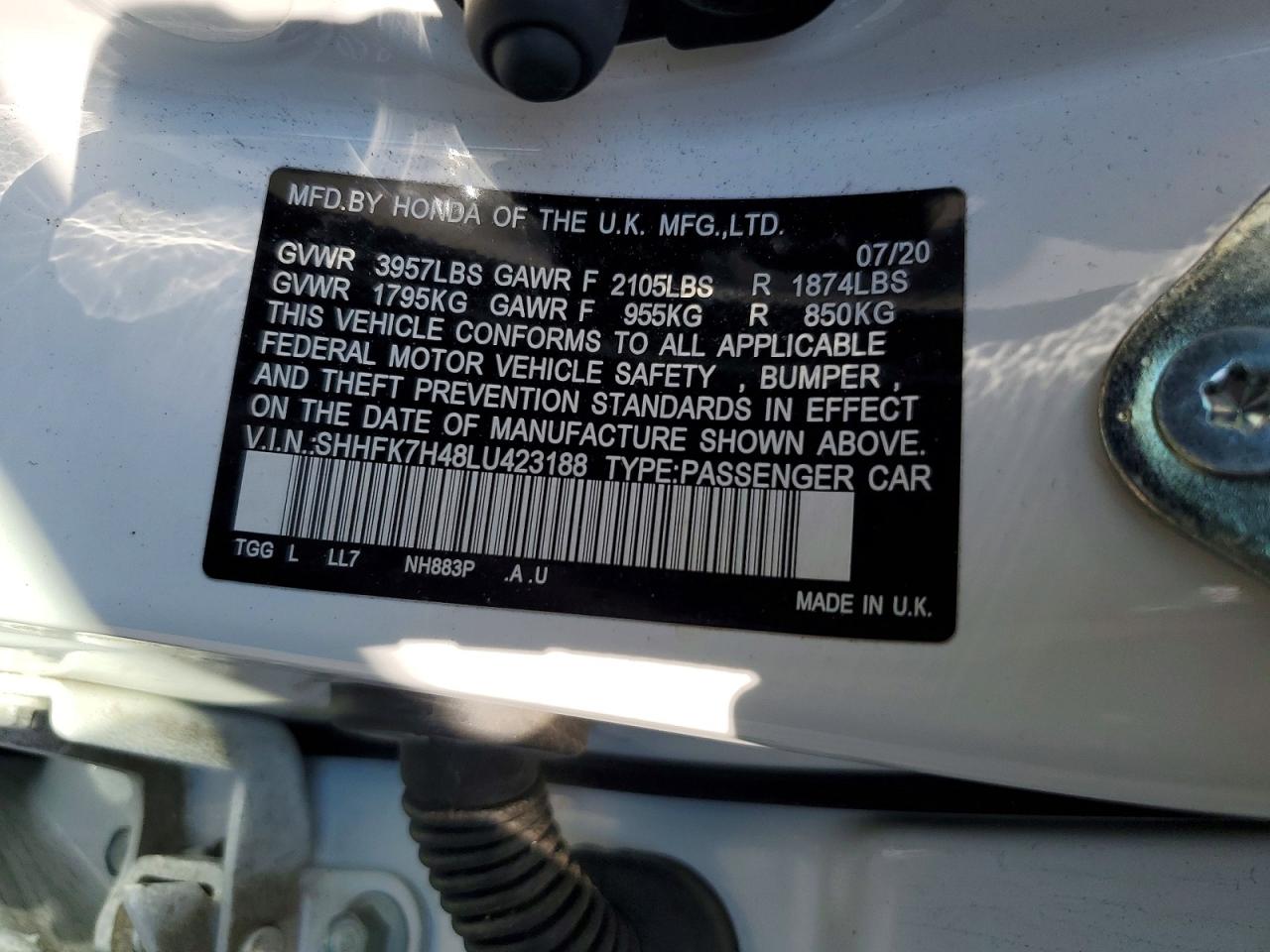 2020 Honda Civic Sport White vin: SHHFK7H48LU423188