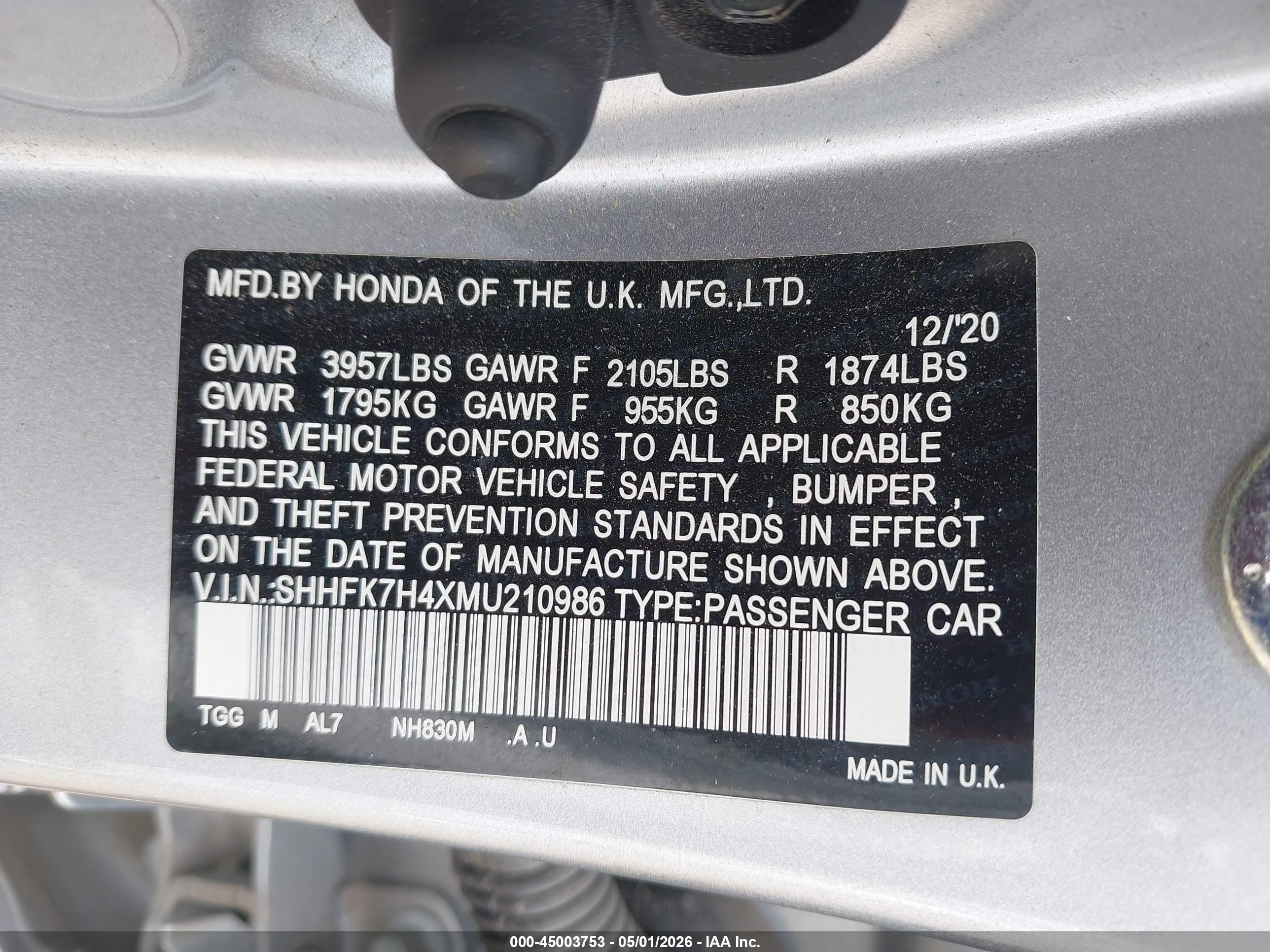 2021 Honda Civic Sport Серебряный vin: SHHFK7H4XMU210986